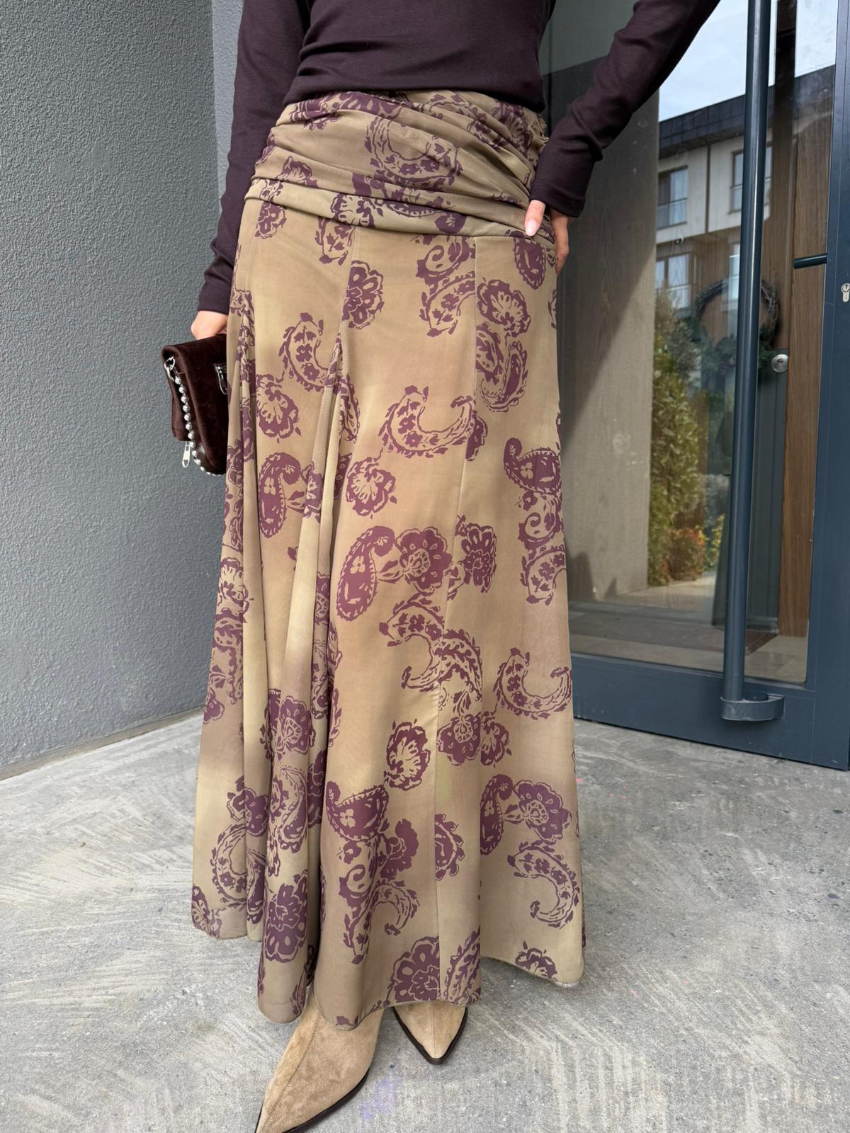 Bel Drapeli Vintage Şal Desen Etek Yağ Yeşili