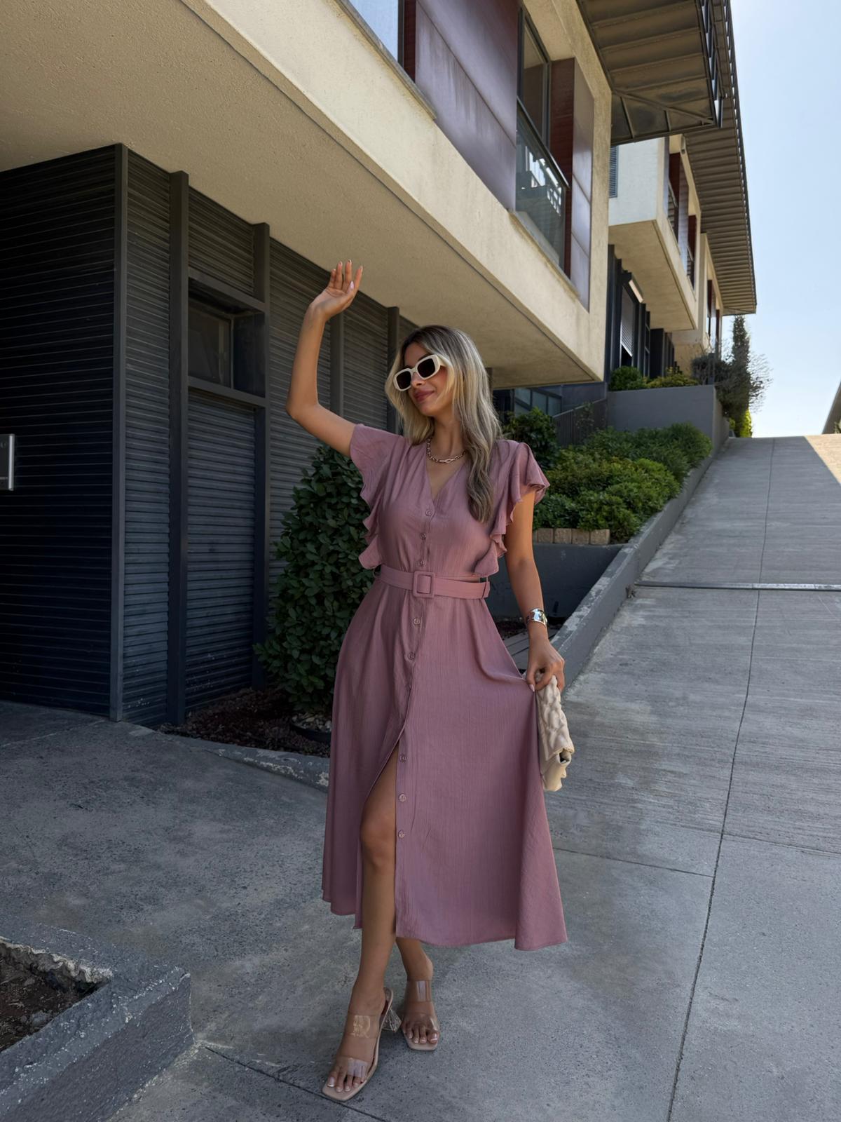 Fırfır Kol Kemerli V Yaka Gömlek Elbise Gül Kurusu