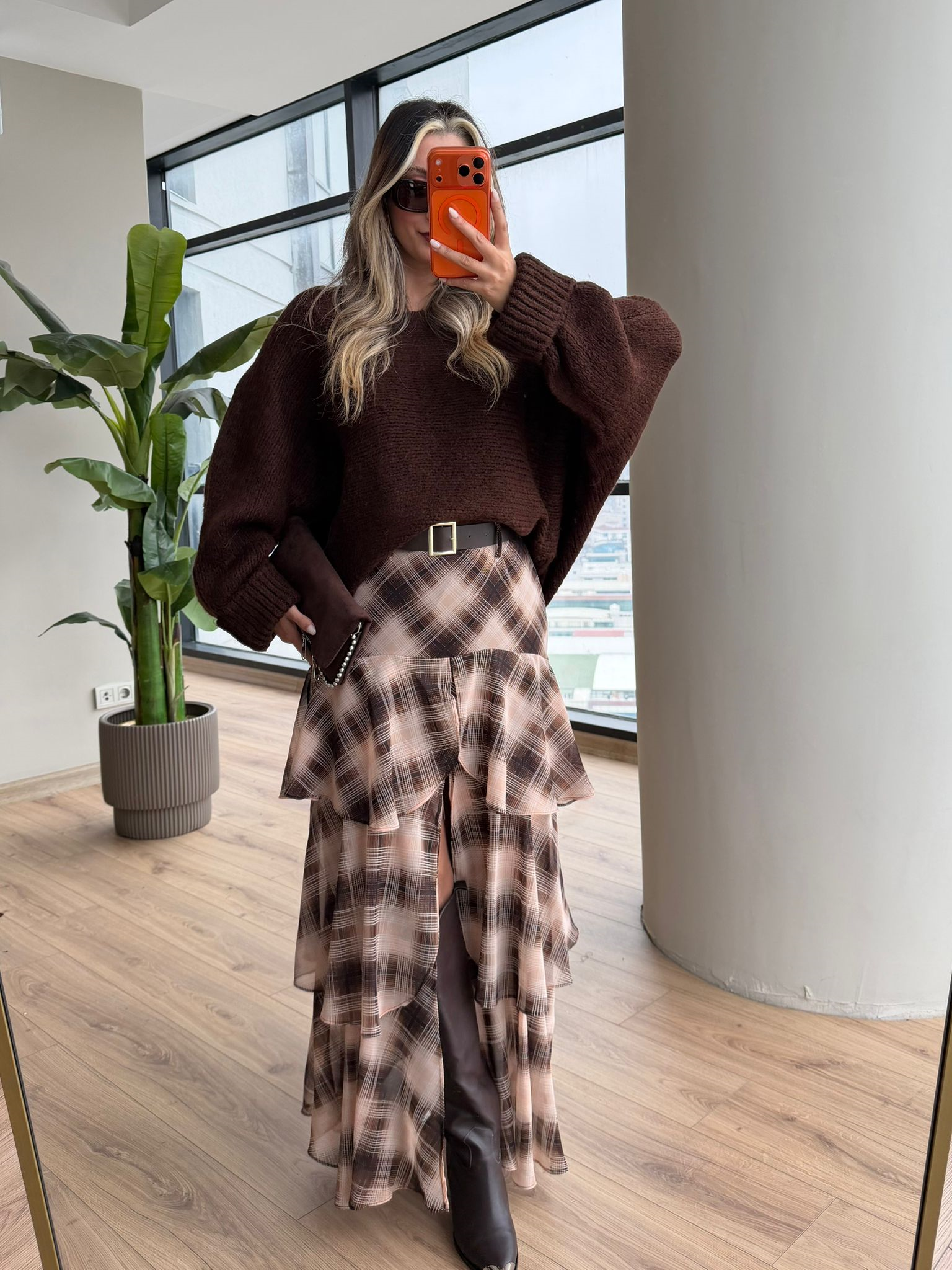 Bohem Kemerli Kat Kat Kahve Desenli Etek