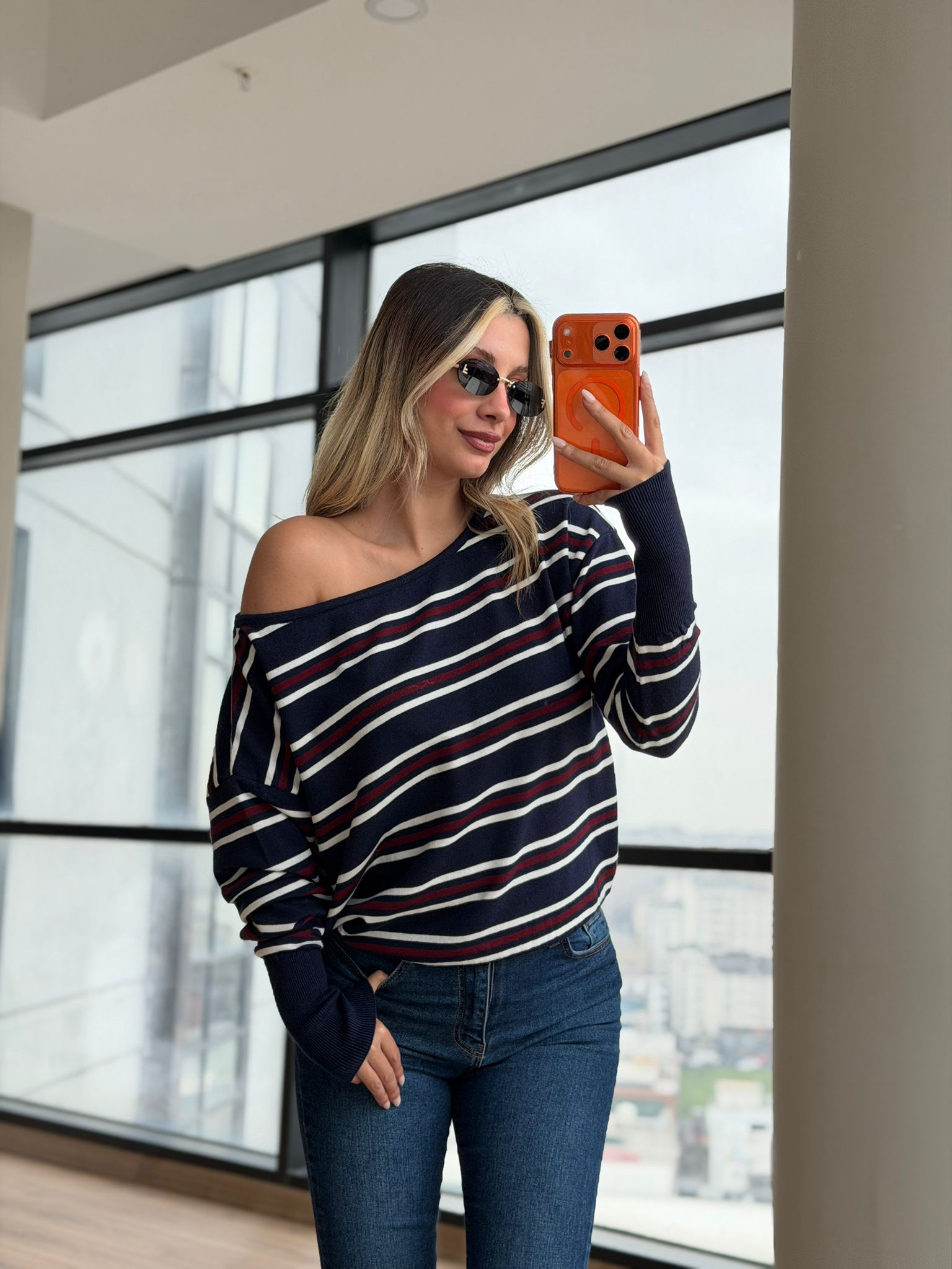 Kayık Yaka Çizgili Basic Triko Kazak Lacivert Bordo