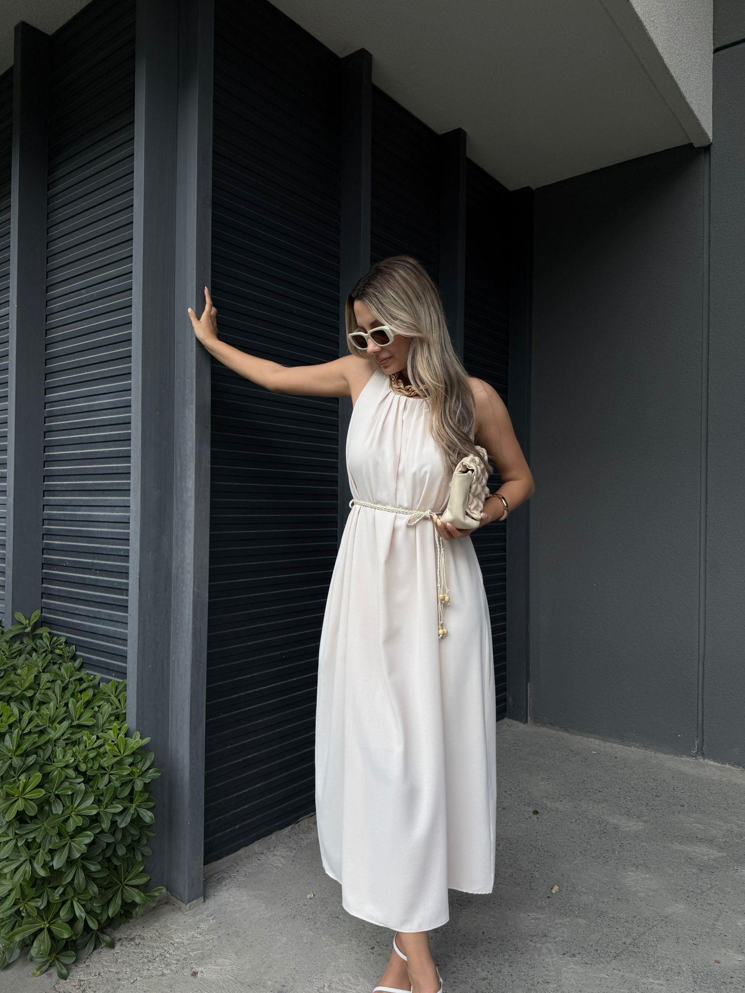 Lisarli İp Kemerli Sıfır Kol Krem Elbise