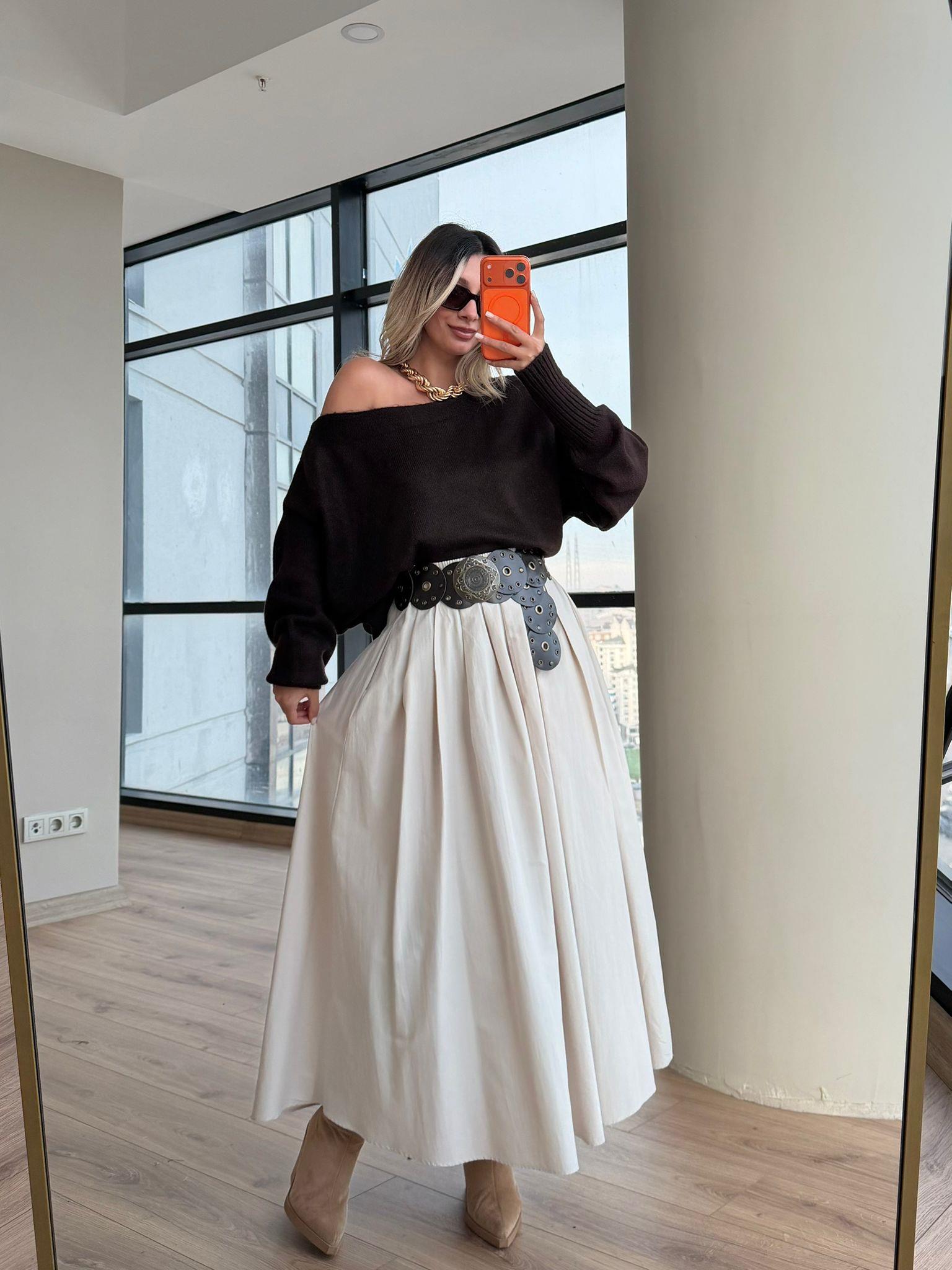 Nantira Beli Lastikli Krem Poplin Paraşüt Karışımlı Etek