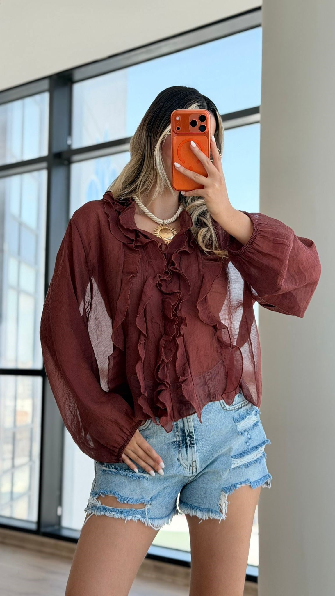 Transparan Fırfırlı Bluz Kahverengi