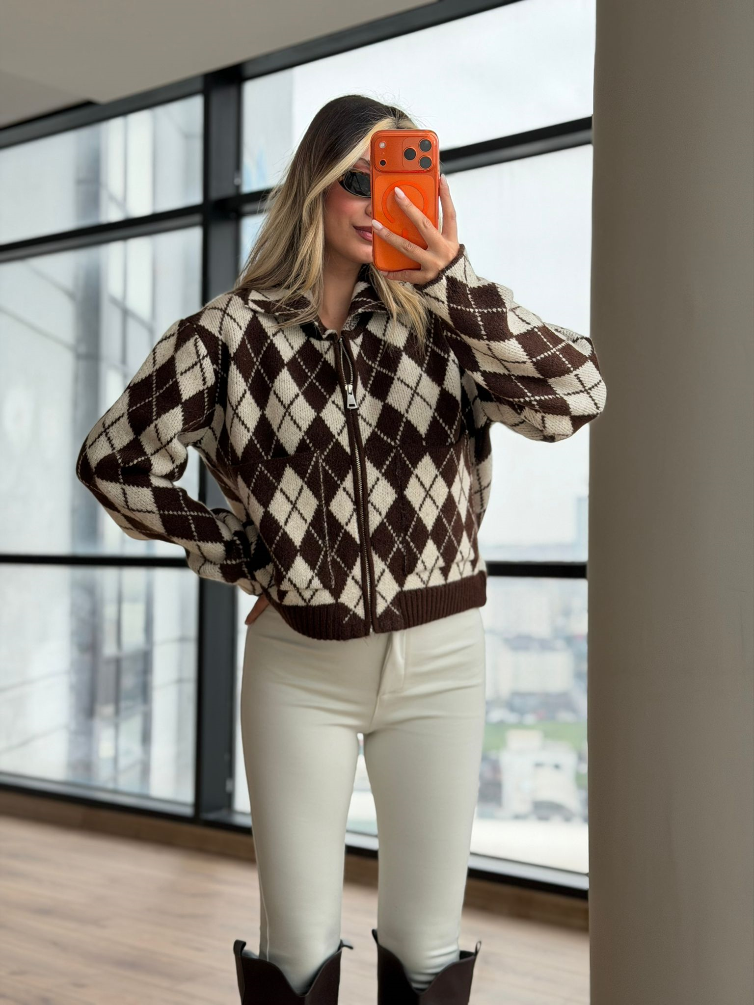 Baklava Desenli Fermuarlı Hırka - Kahve Krem