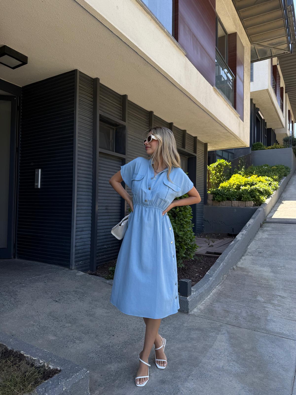 Eteği Çıtçıtlı Keten Elbise Mavi