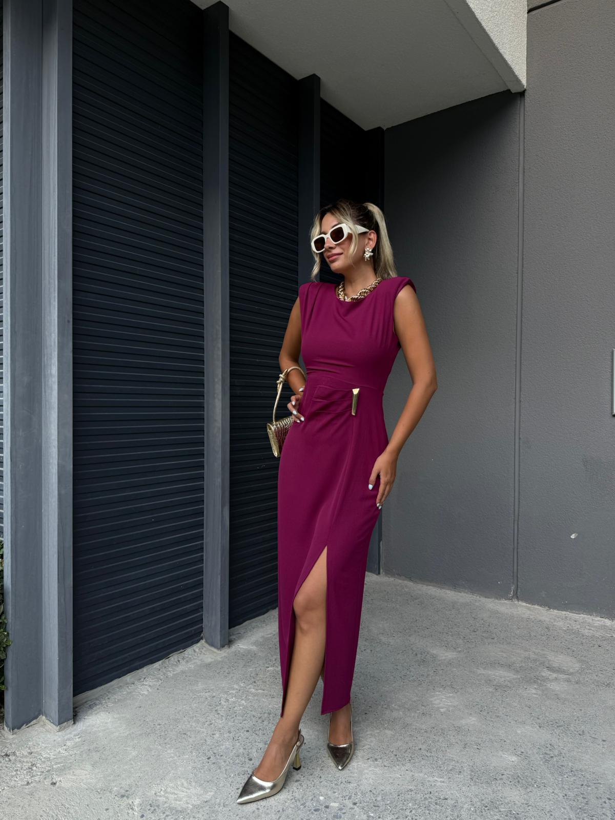 Lori Gold Aksesuarlı Crep Elbise Mürdüm