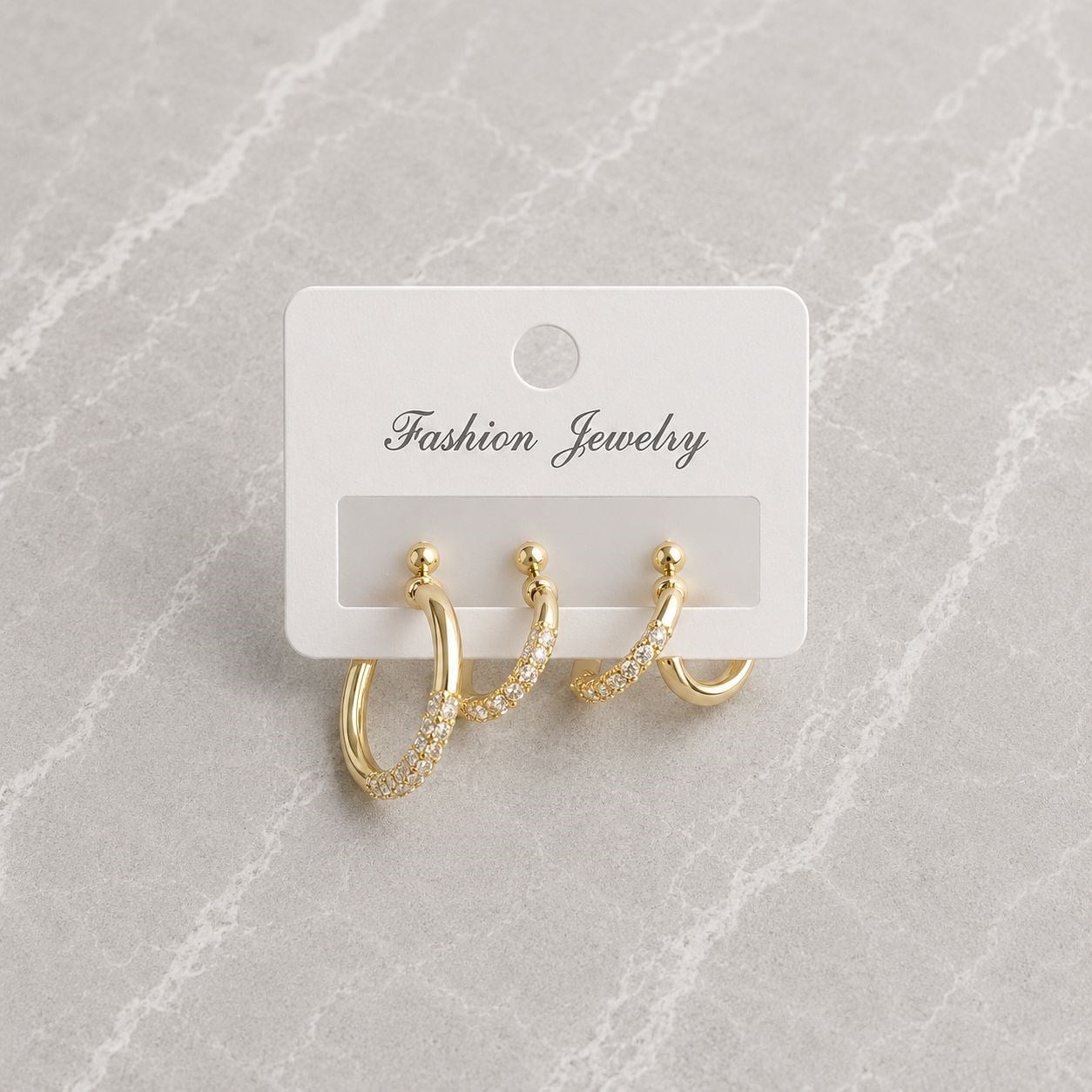 3lü Yarım Halka Taş Detaylı Gold Set