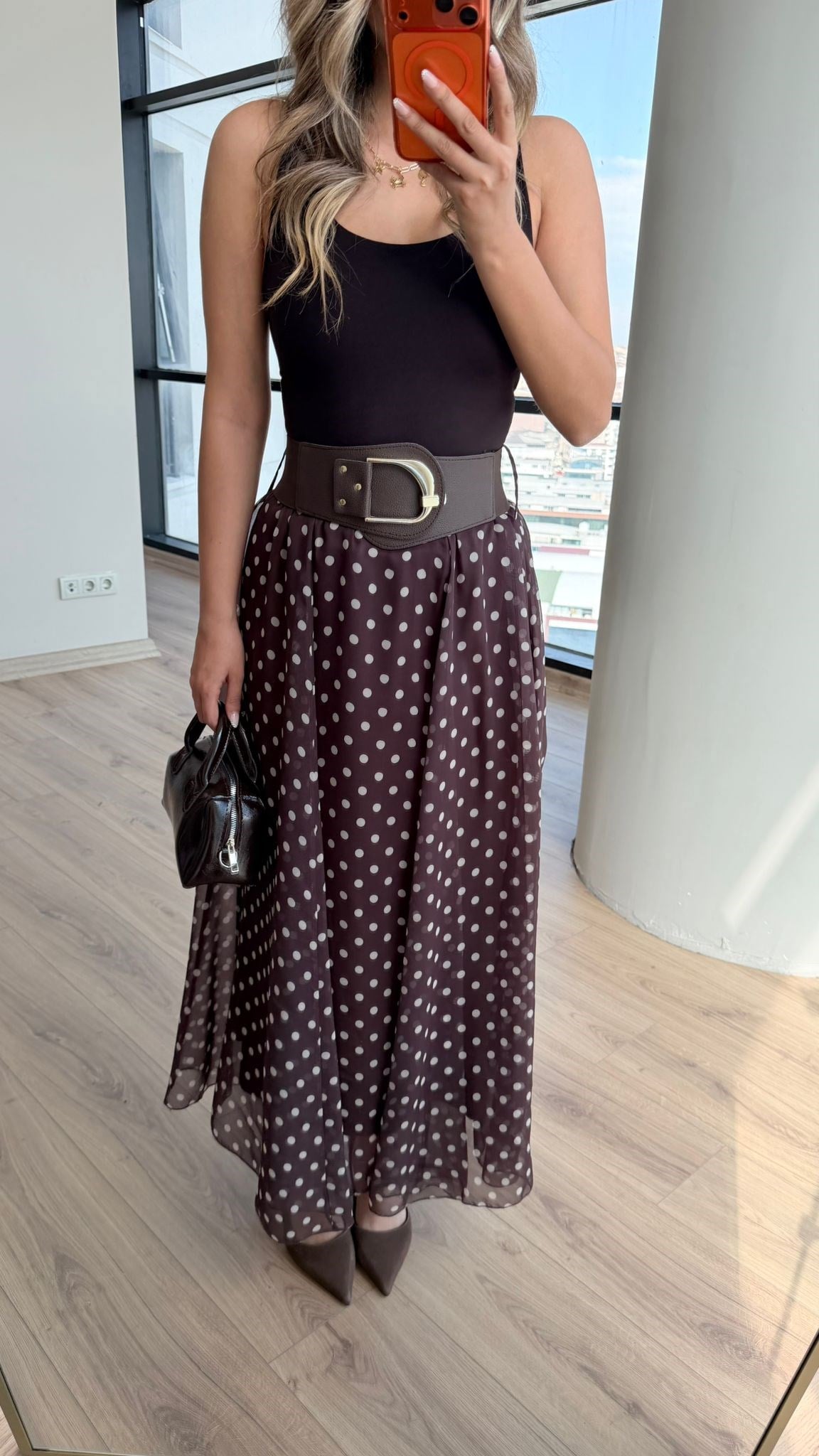 Puantiyeli Viral Kemerli Etek Kahverengi