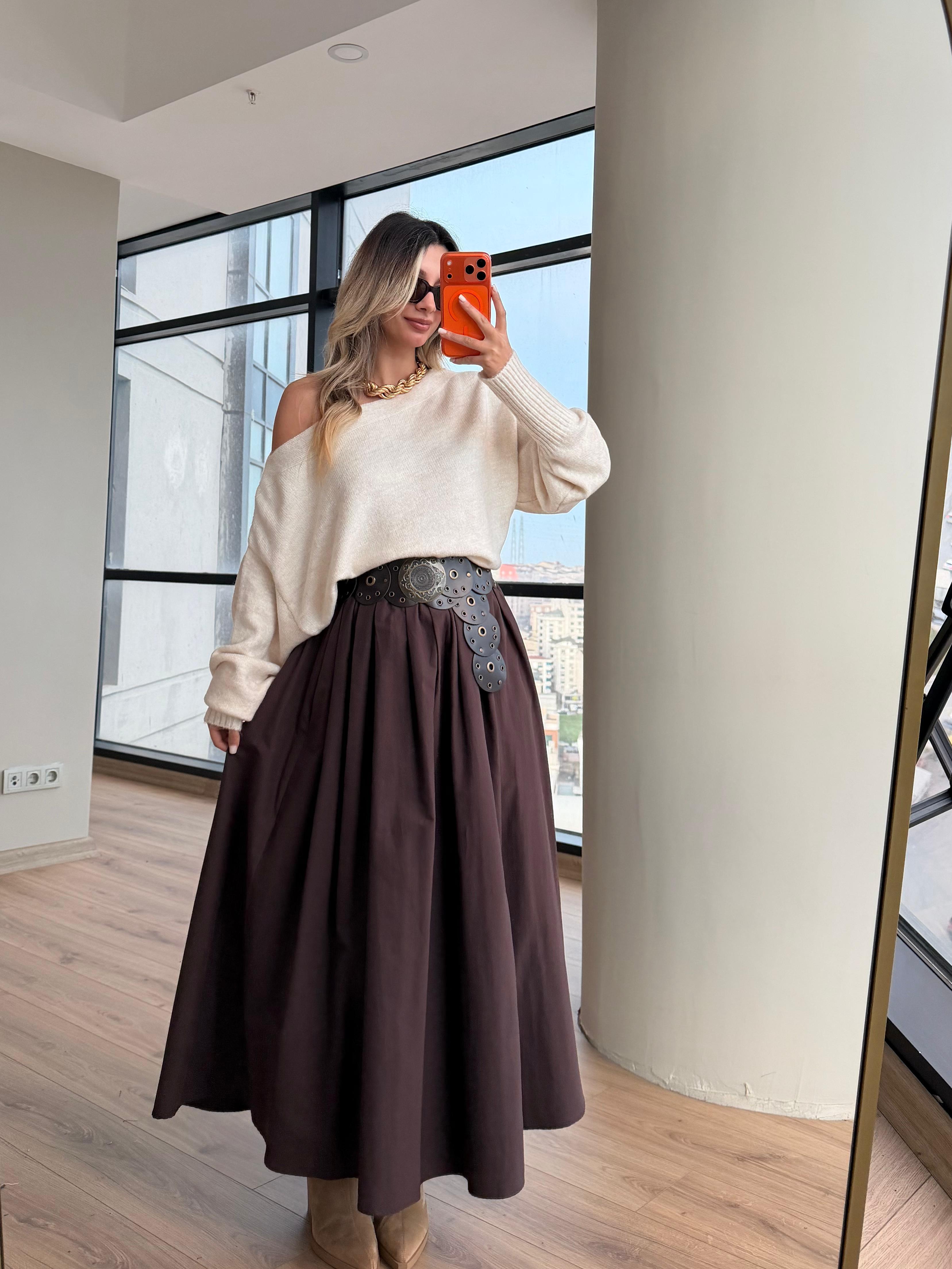 Nantira Beli Lastikli Kahverengi Poplin Paraşüt Karışımlı Etek