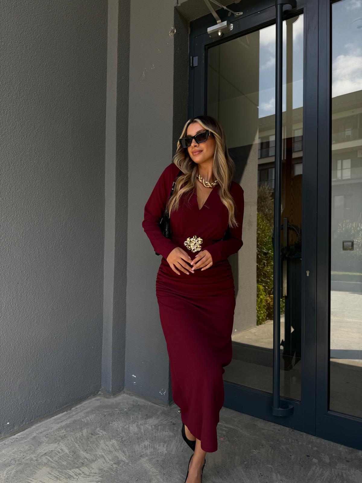Omniya Gold Tokalı Lastik Kemerli Midi Elbise Bordo