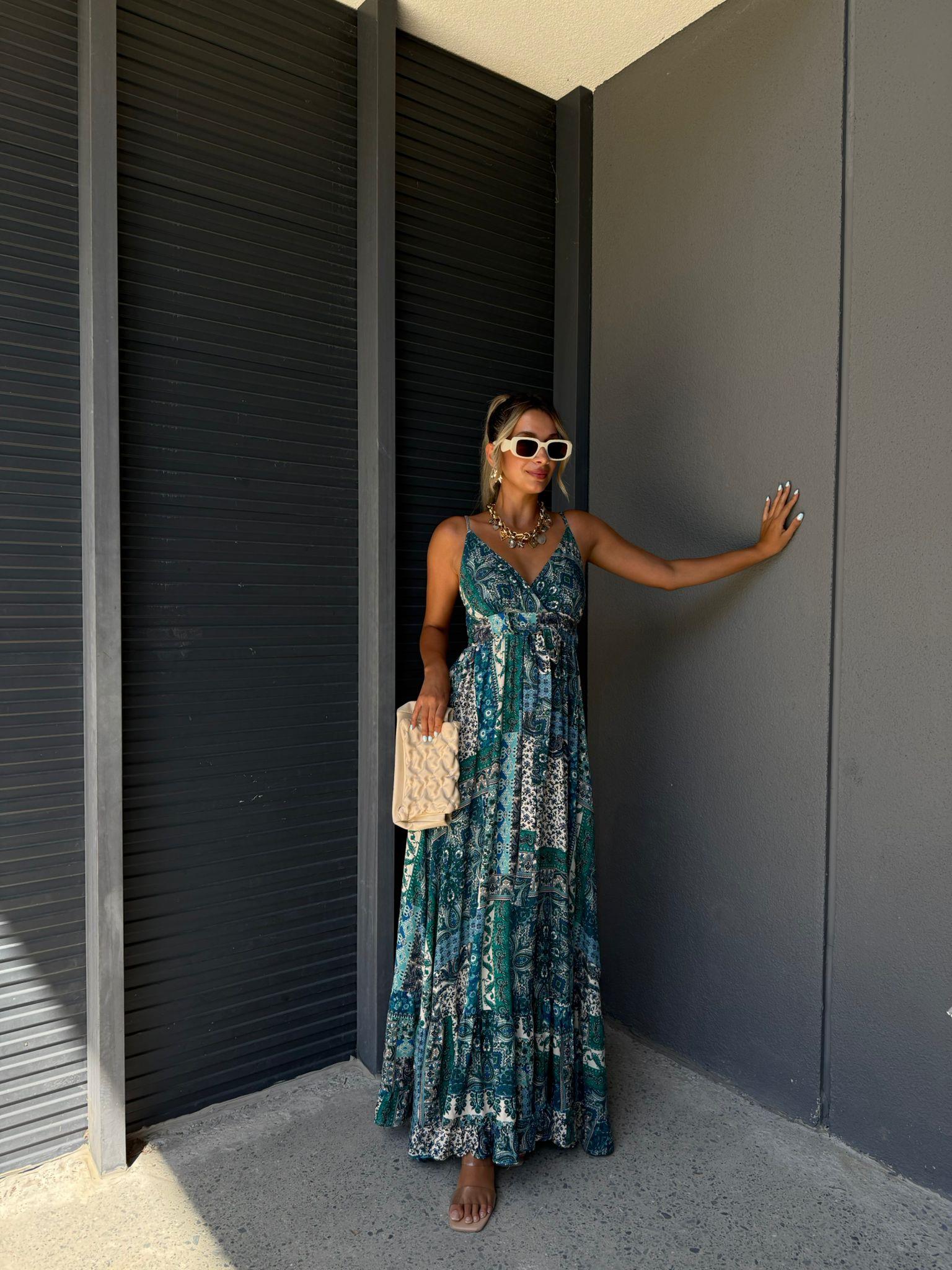 Pinny İp Askı Otantik Desenli Mavi Elbise