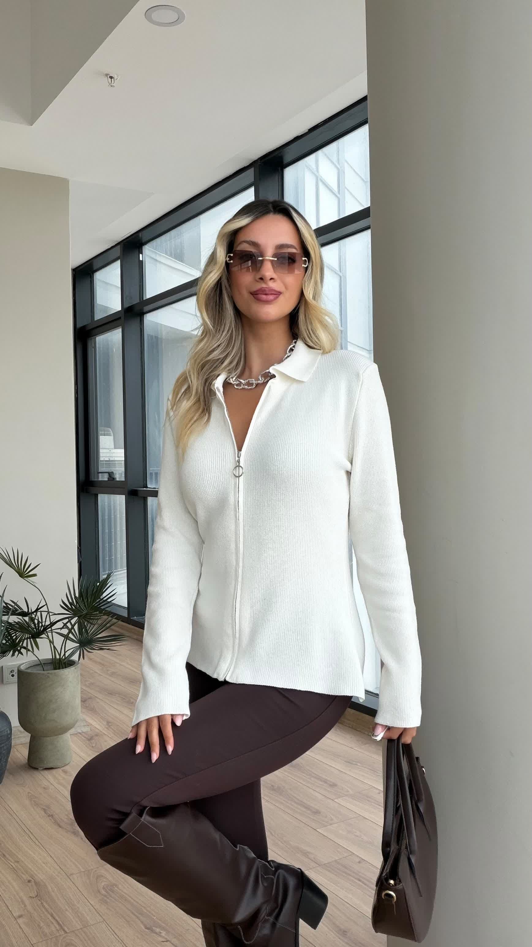 Polo Yaka Fermuarlı Basic Triko Hırka Ekru 