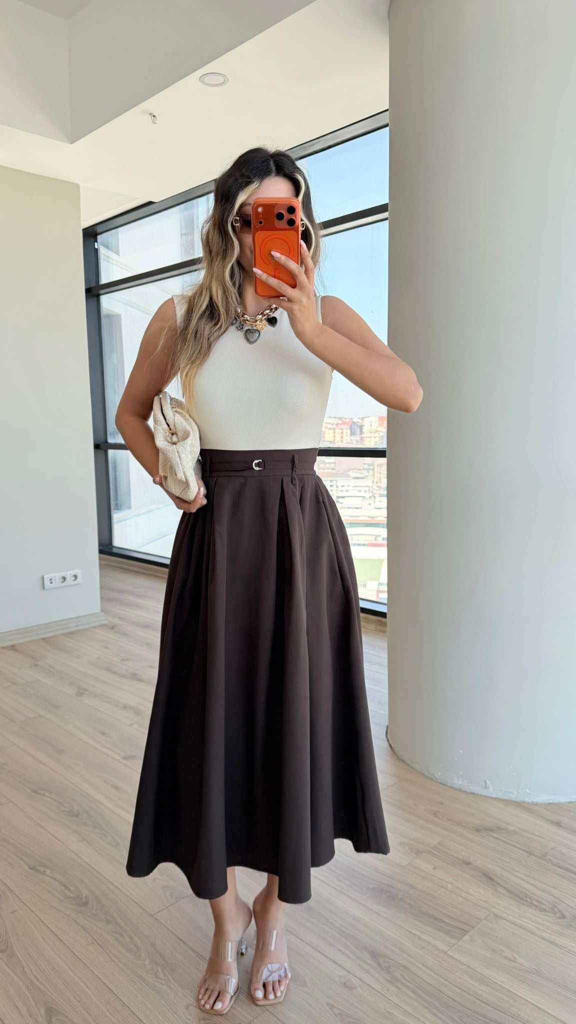 Lady İnce Kemerli Kombin Elbise Krem-Kahve