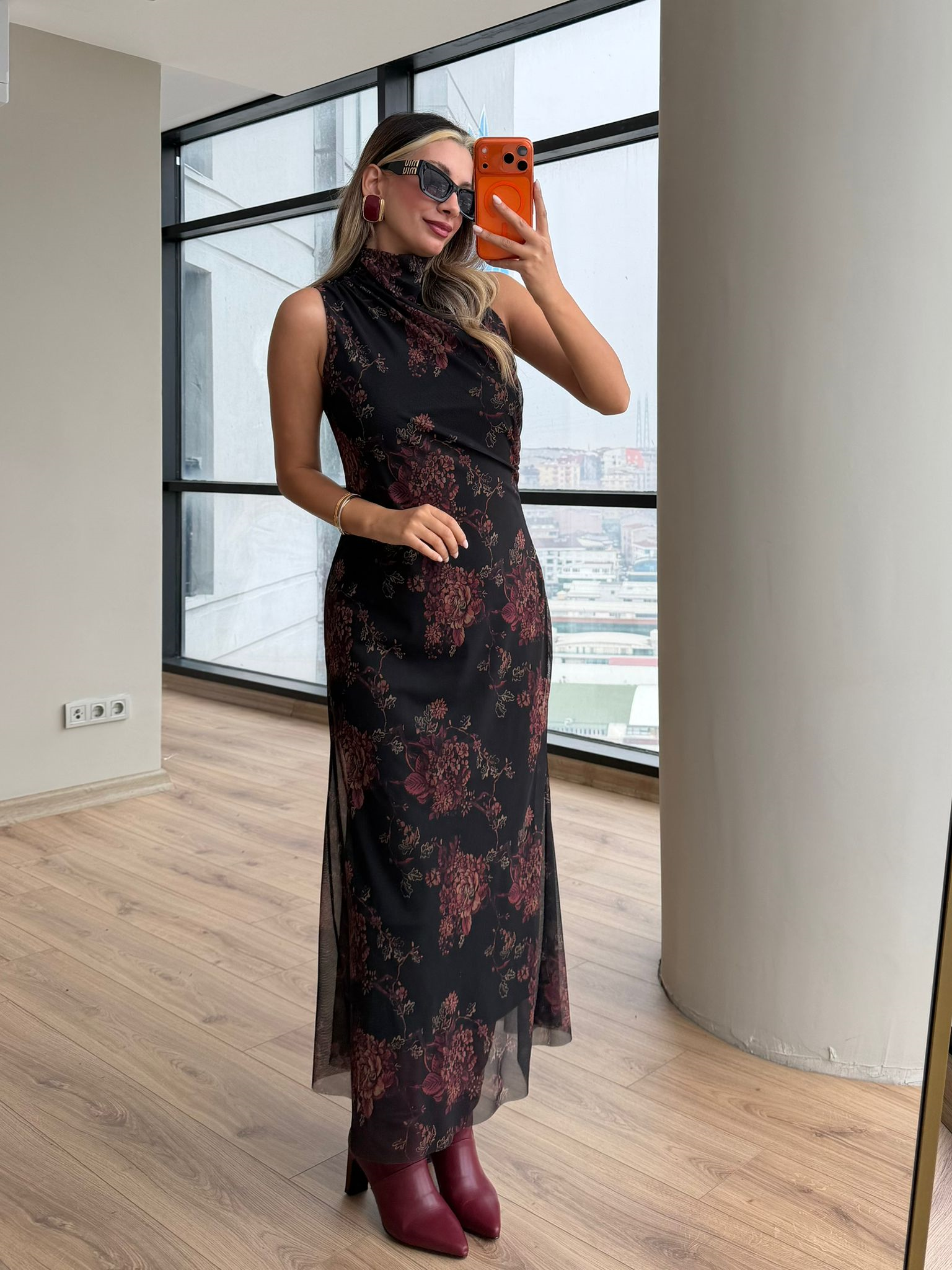 Belt Astarlı Dik Yaka Tül Elbise 