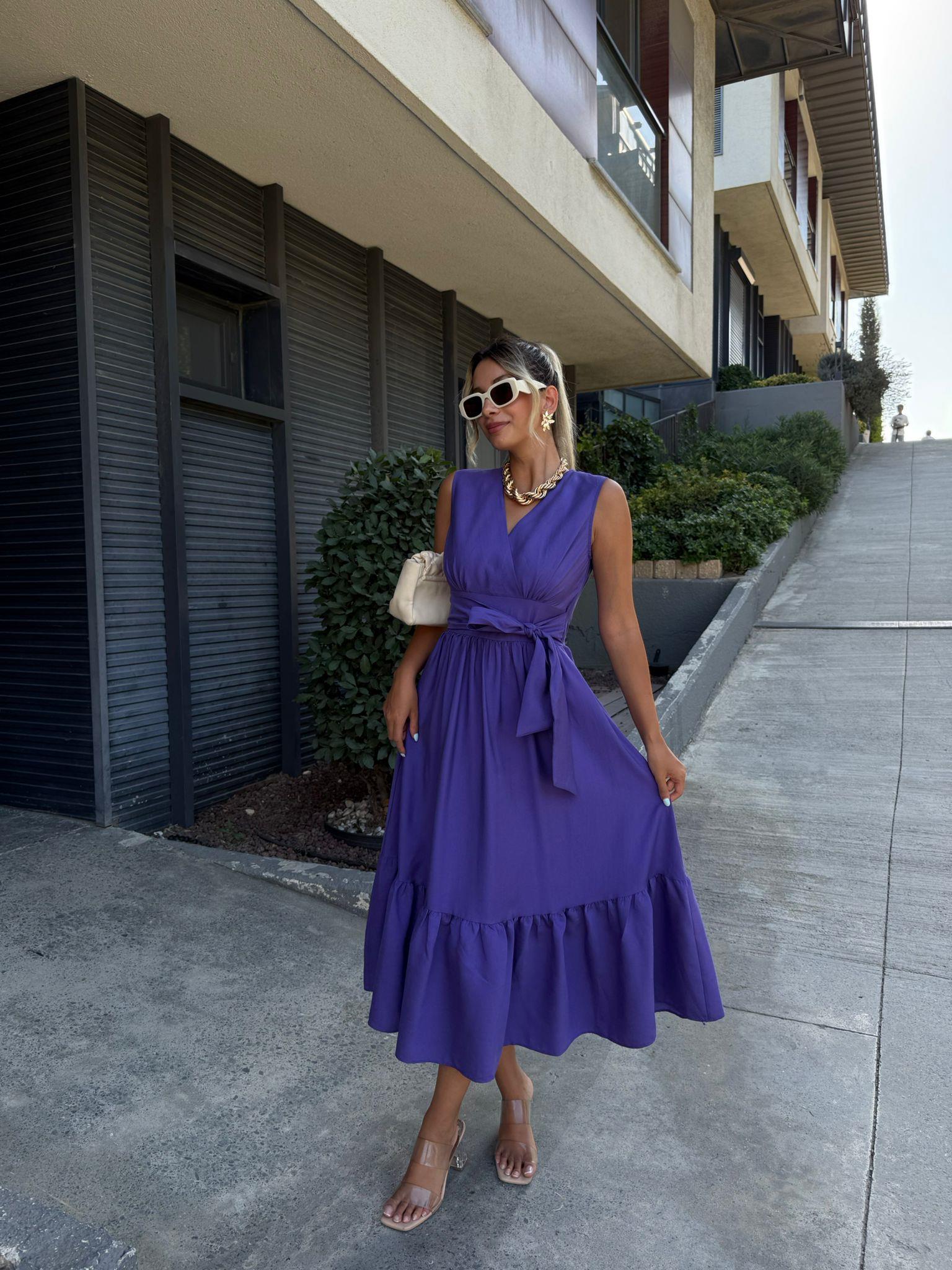 Rones Kuşaklı Mor Poplin Elbise