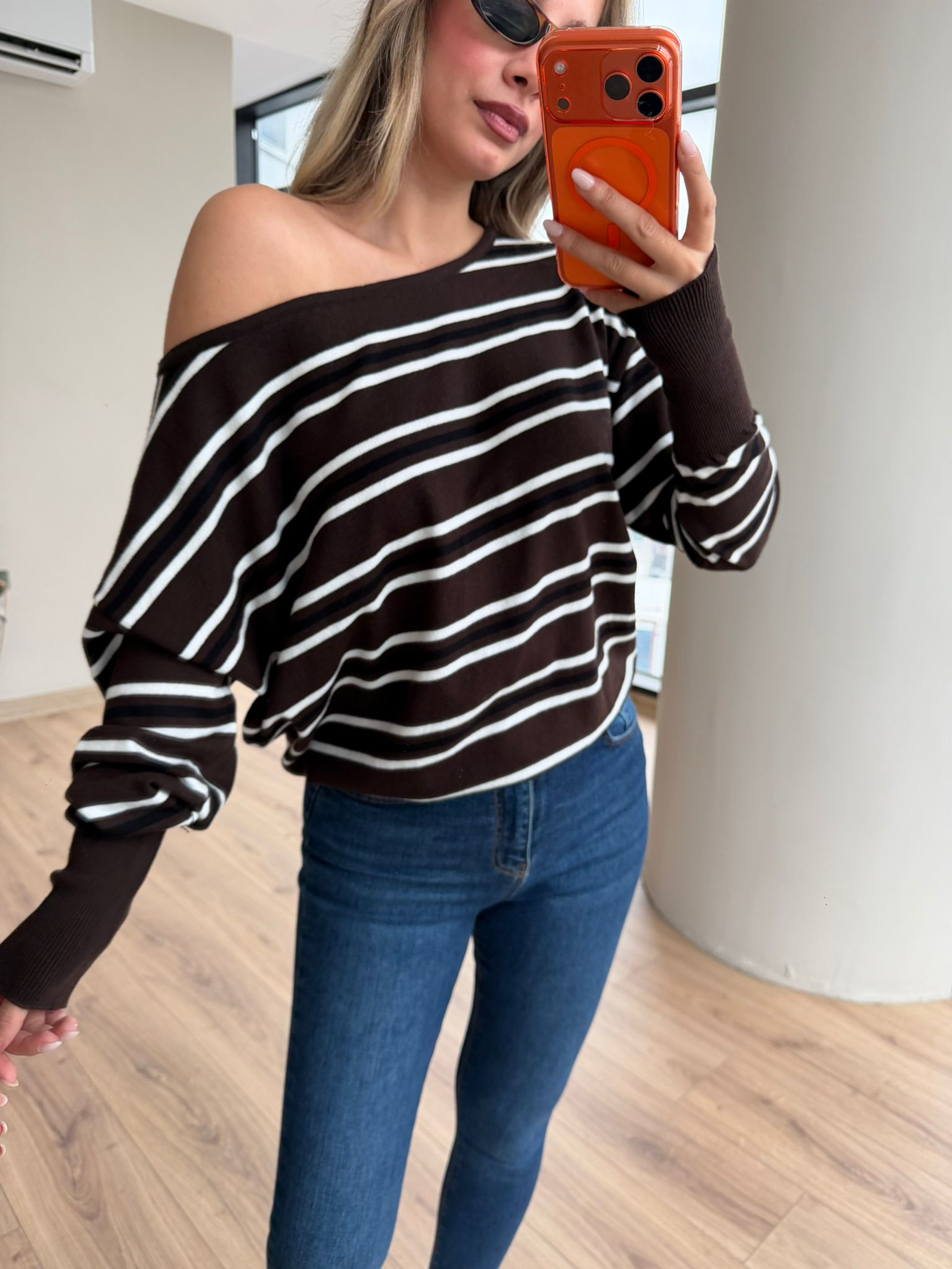 Kayık Yaka Çizgili Basic Triko Kazak Kahverengi