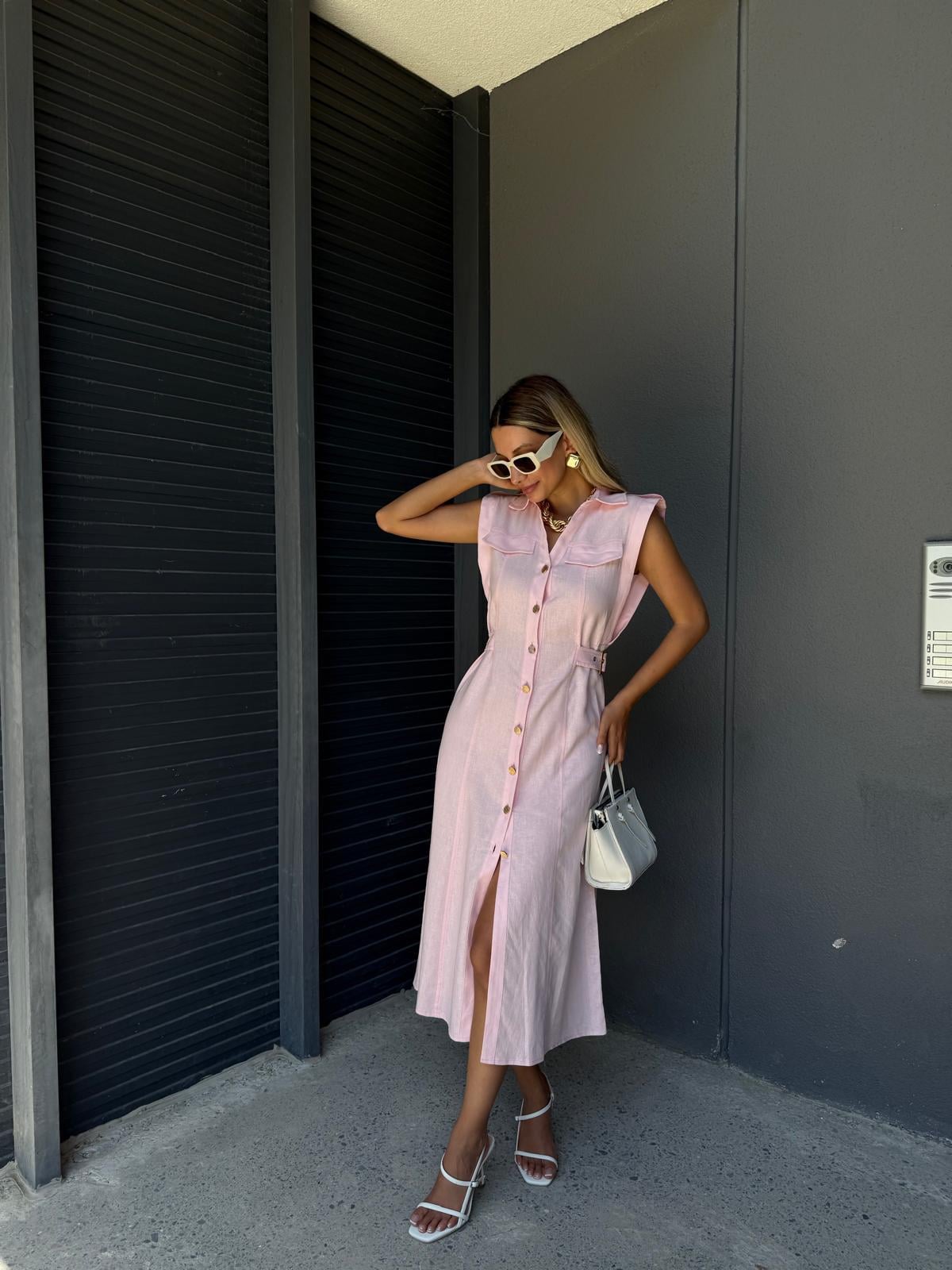 Premium Seri Süs Kemerli Elbise Pudra