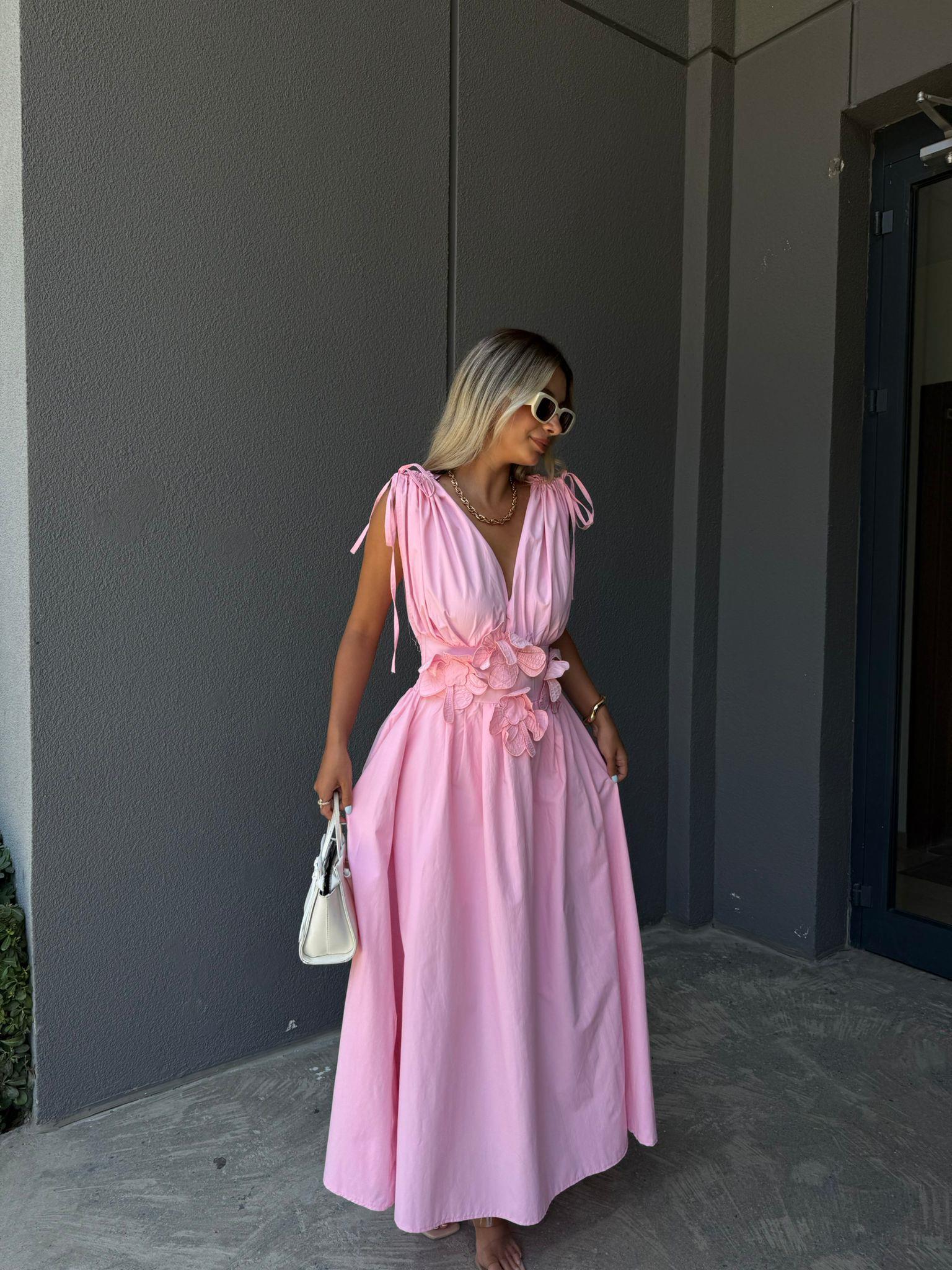 Çiçek Aplikeli Poplin Elbise Pembe