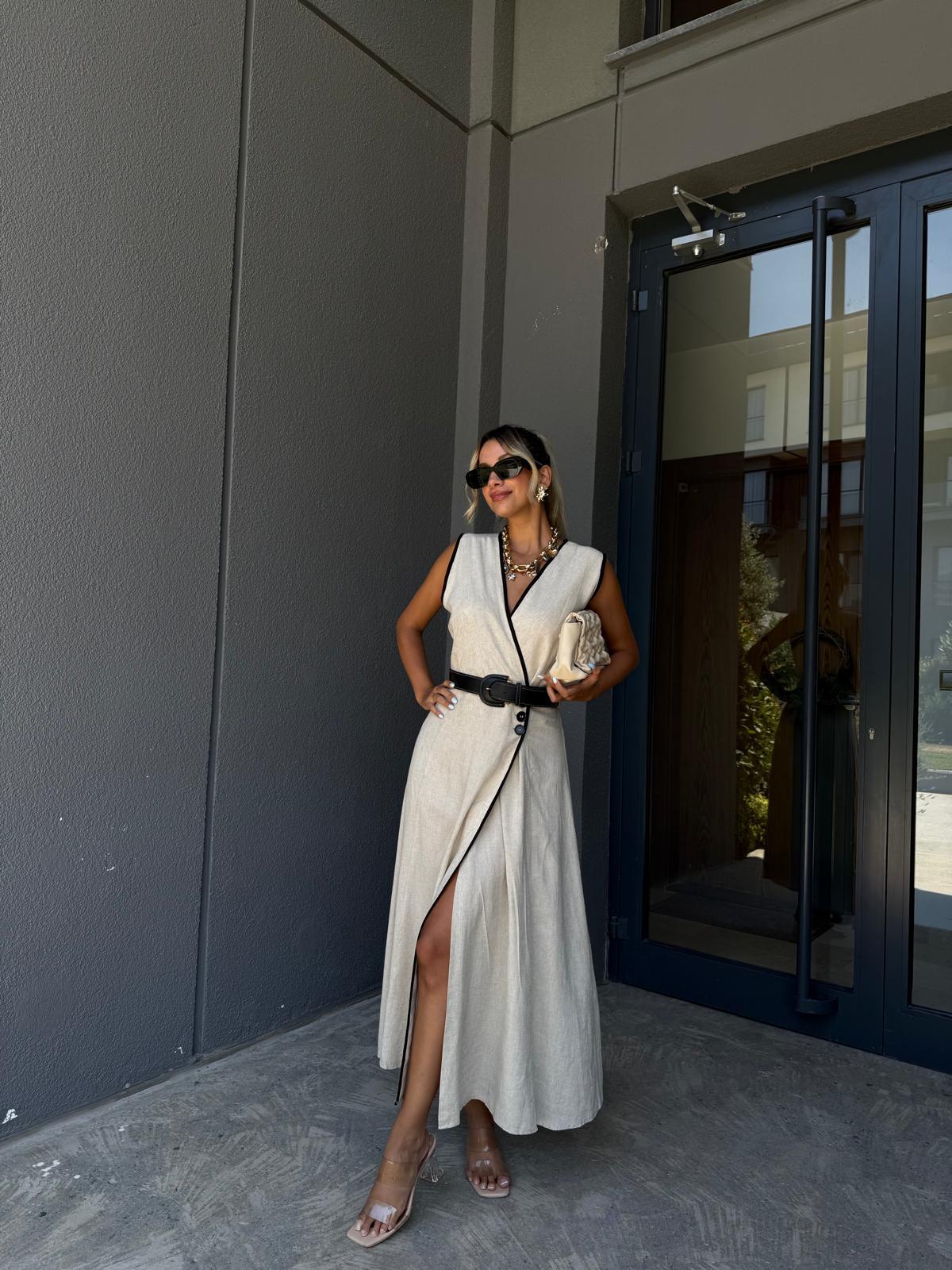 Zr Model Biyeli Bej Keten Elbise