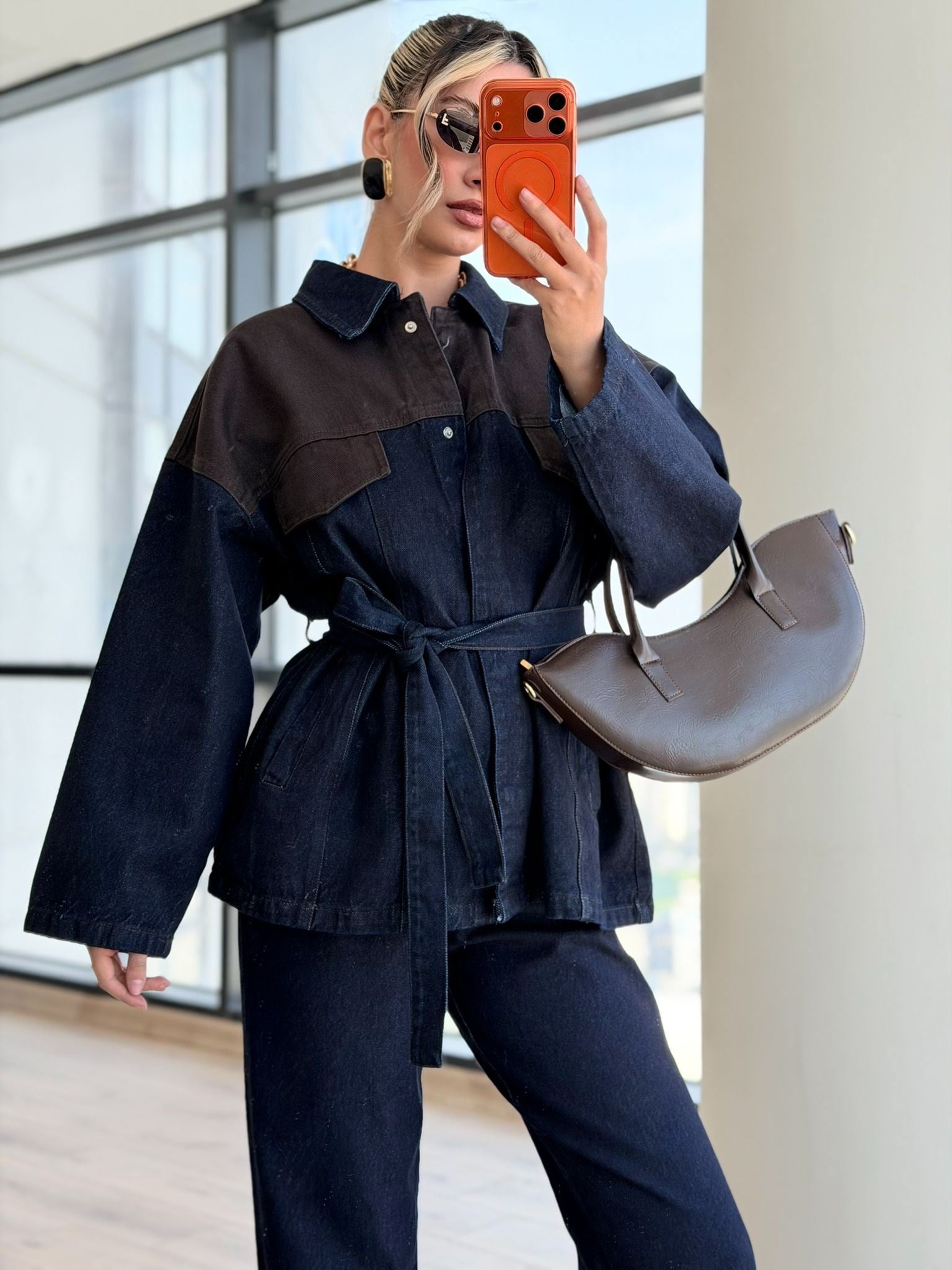 Kuşak Detaylı Denim Tasarım Ceket Pantolon Takım