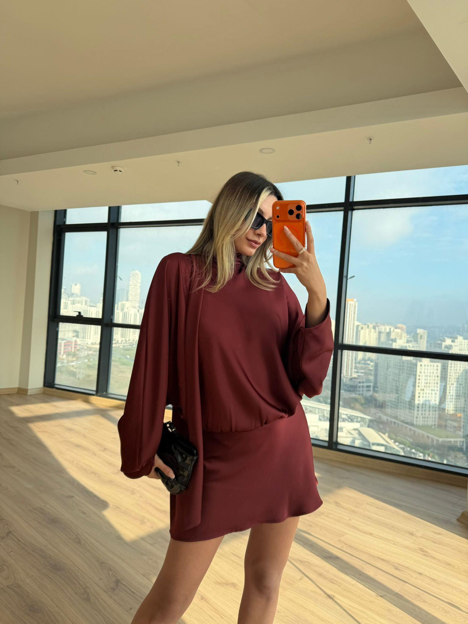 Bordo Fular Detay Şık Saten Elbise