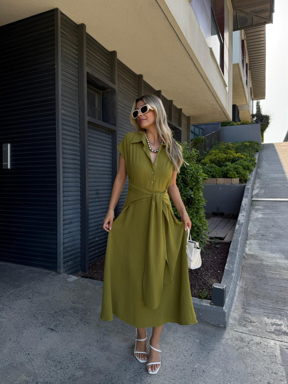 Önden Bağlamalı Yağ Yeşili Elbise