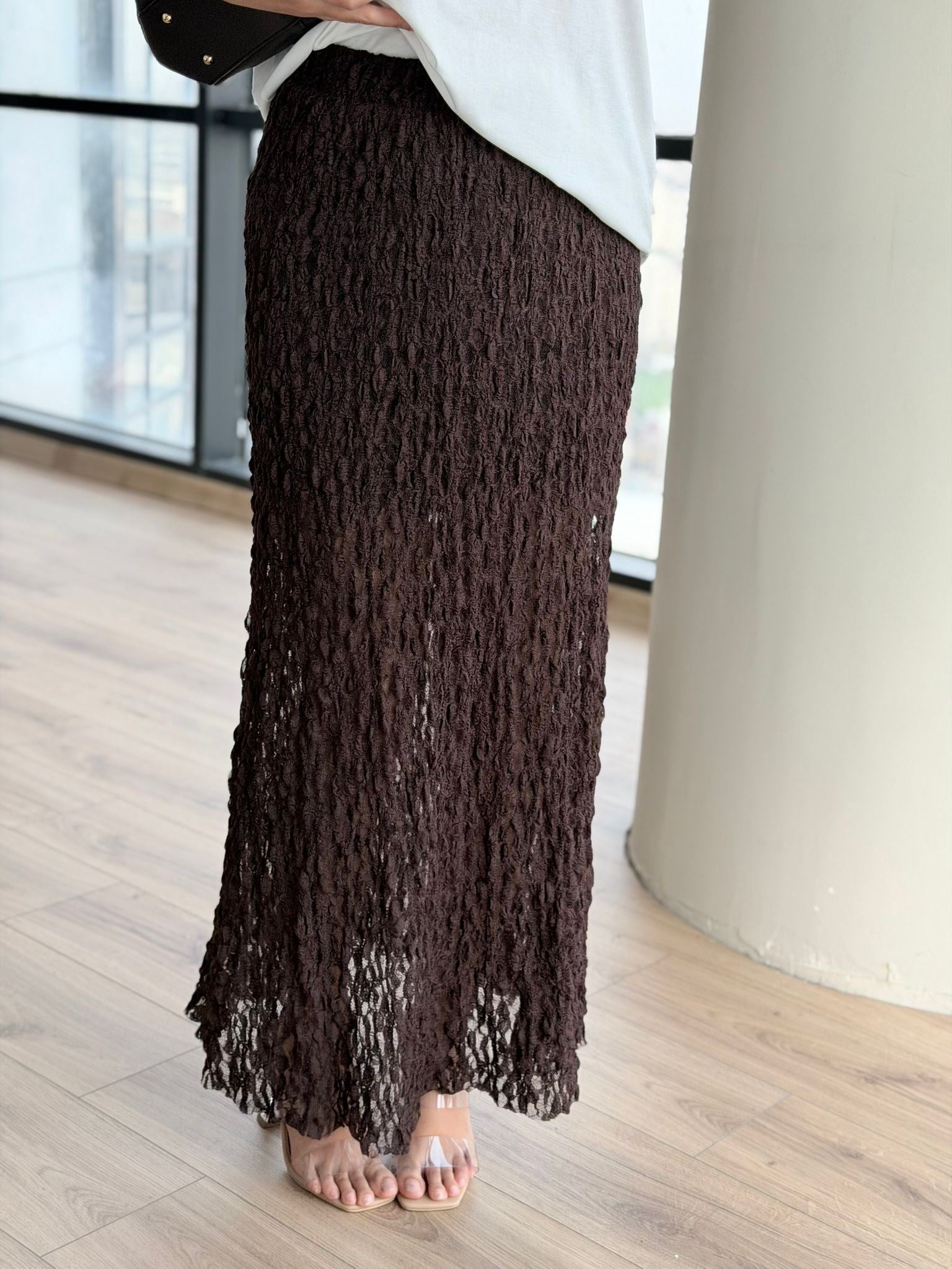 Kahverengi Dantel Dokulu Maxi Etek