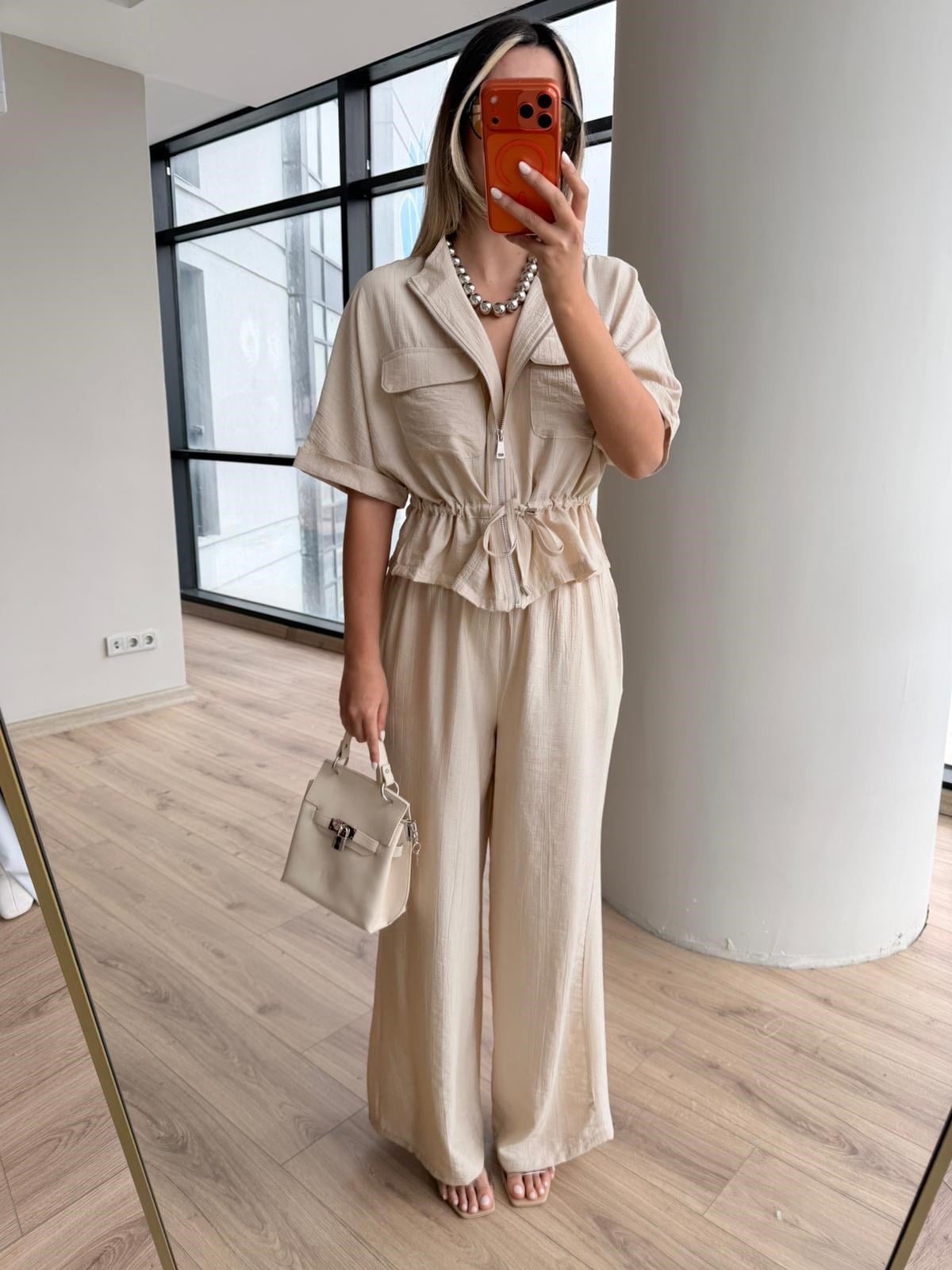 Krem Beli Bağcıklı Fermuarlı Kadın Takım 