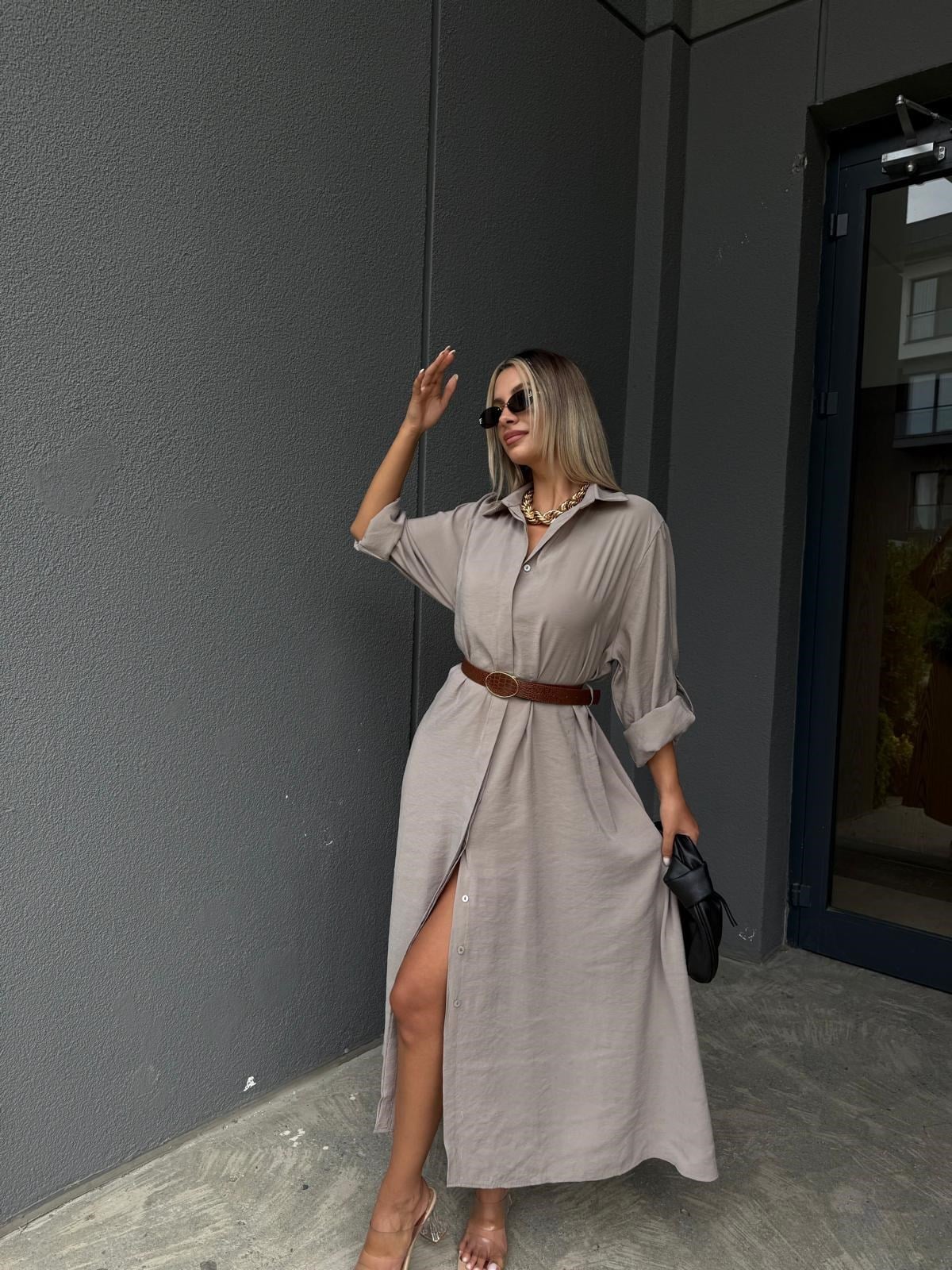 Premium Seri Tensel Kumaş Kemerli Salaş Gömlek Elbise Vizon