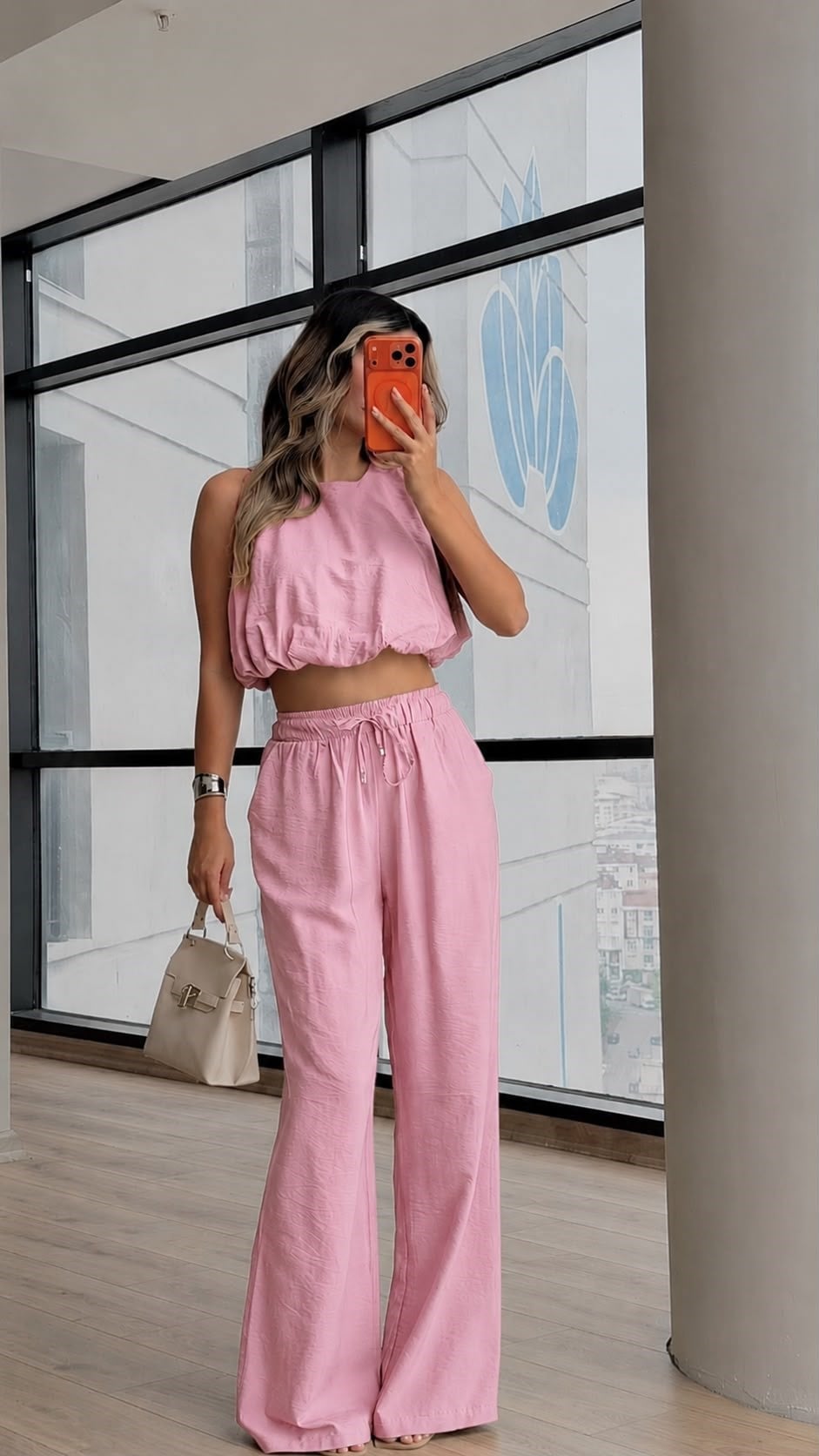 Balon Croplu Pantolon Takım Pembe