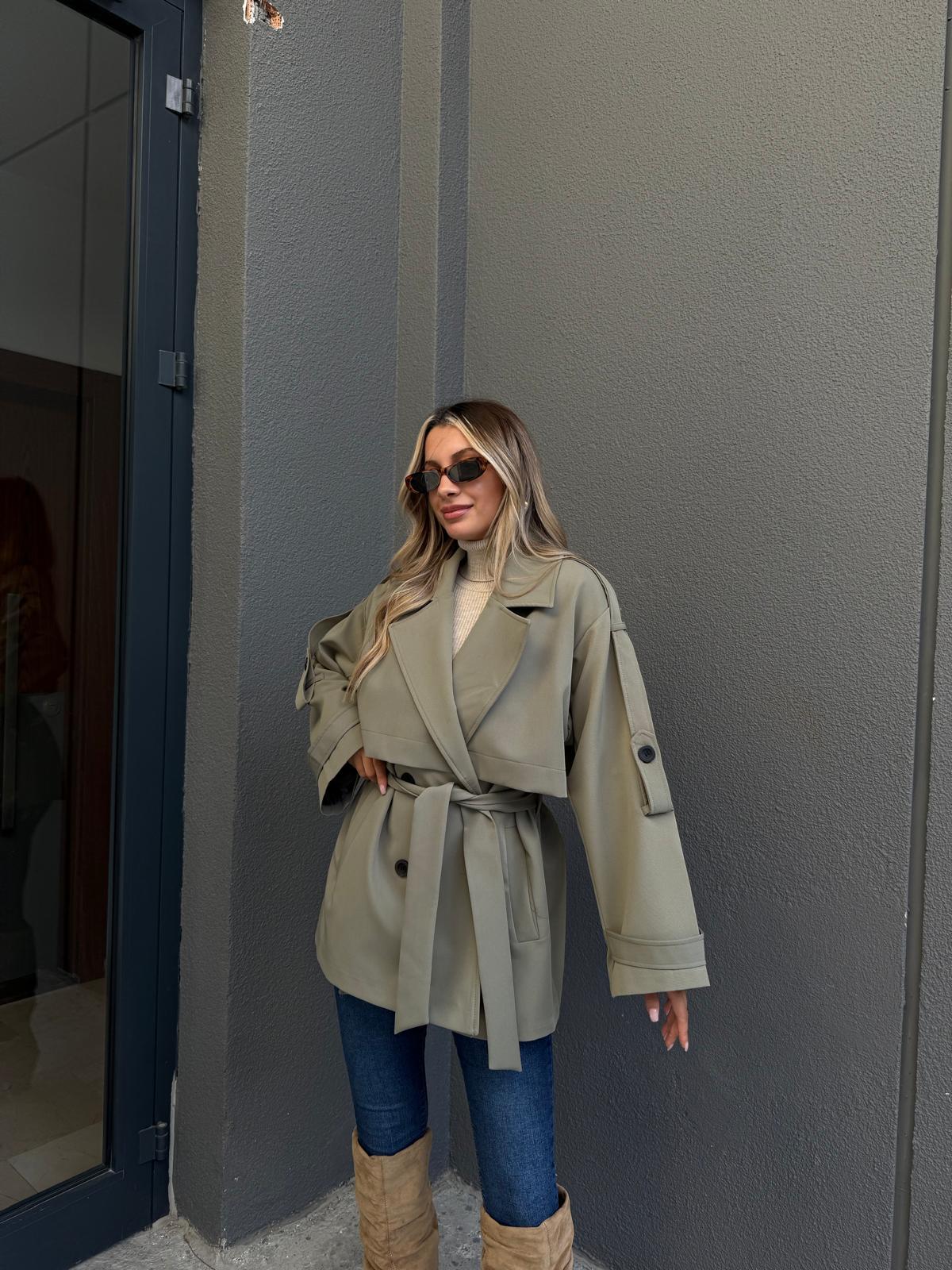 Oversize Düşük Omuz Trençkot Haki