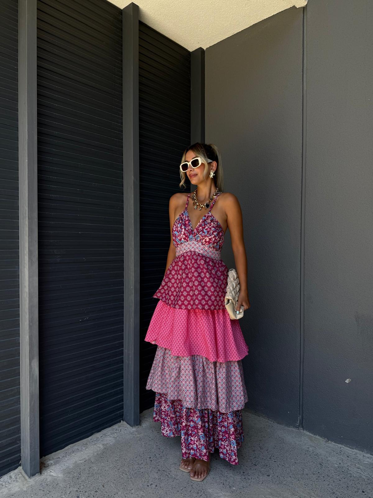 Zr Model Renkli Desenli Dekolteli Çapraz Askılı Elbise