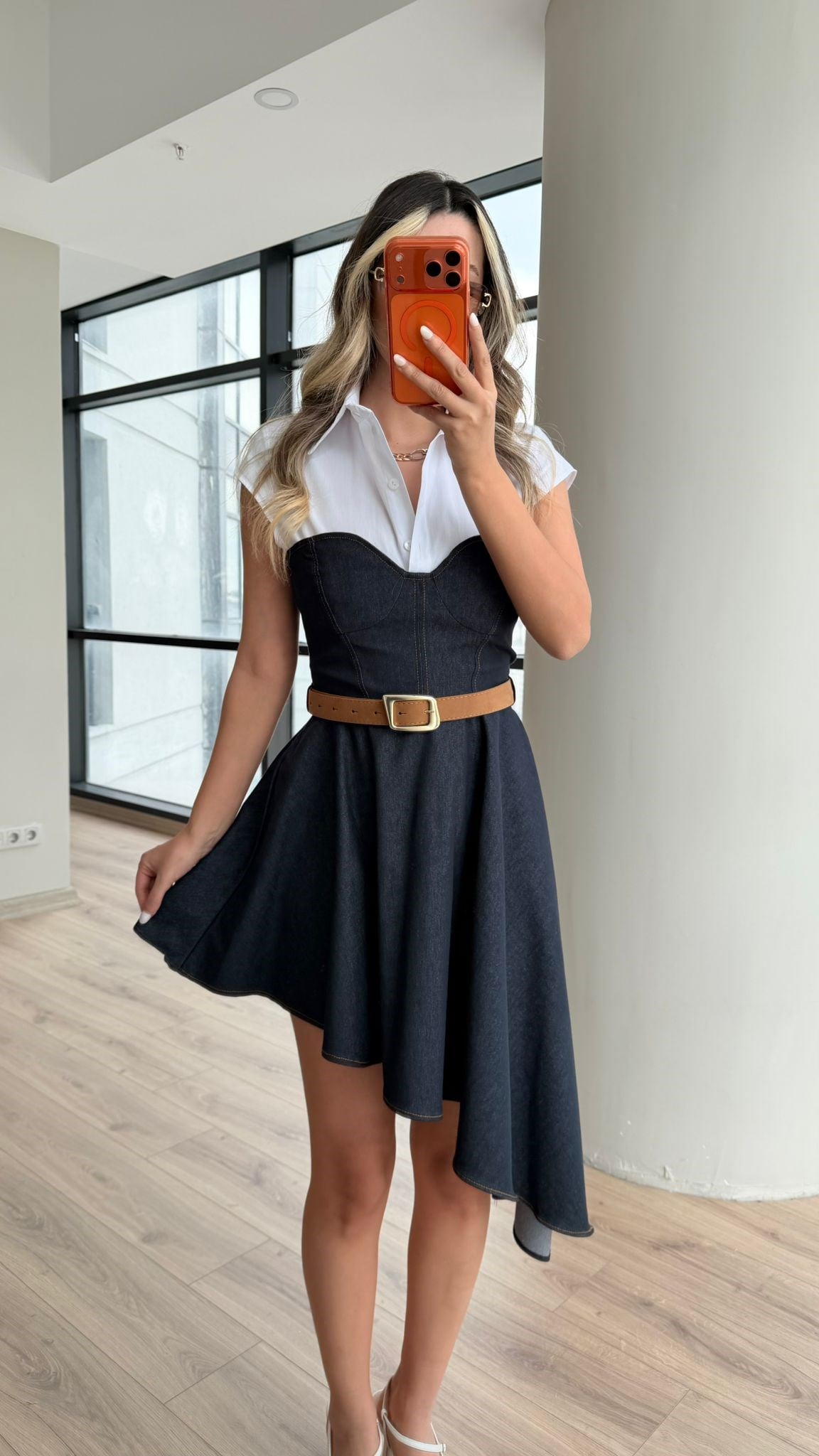 Asimetrik Etekli Gömlek Garnili Denim Elbise