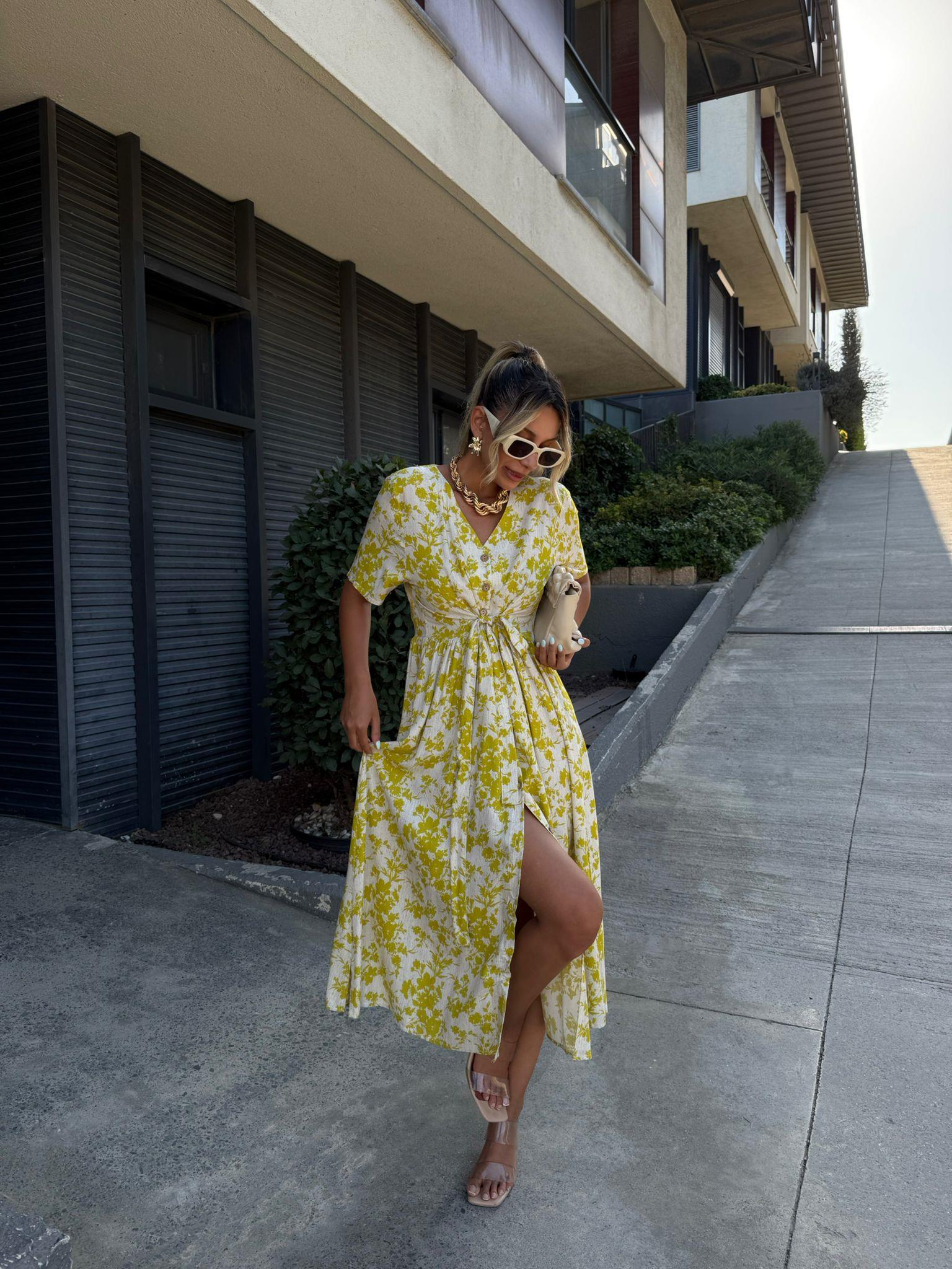 Sareya Yeşil Minik Çiçek Desen Viskon Midi Elbise