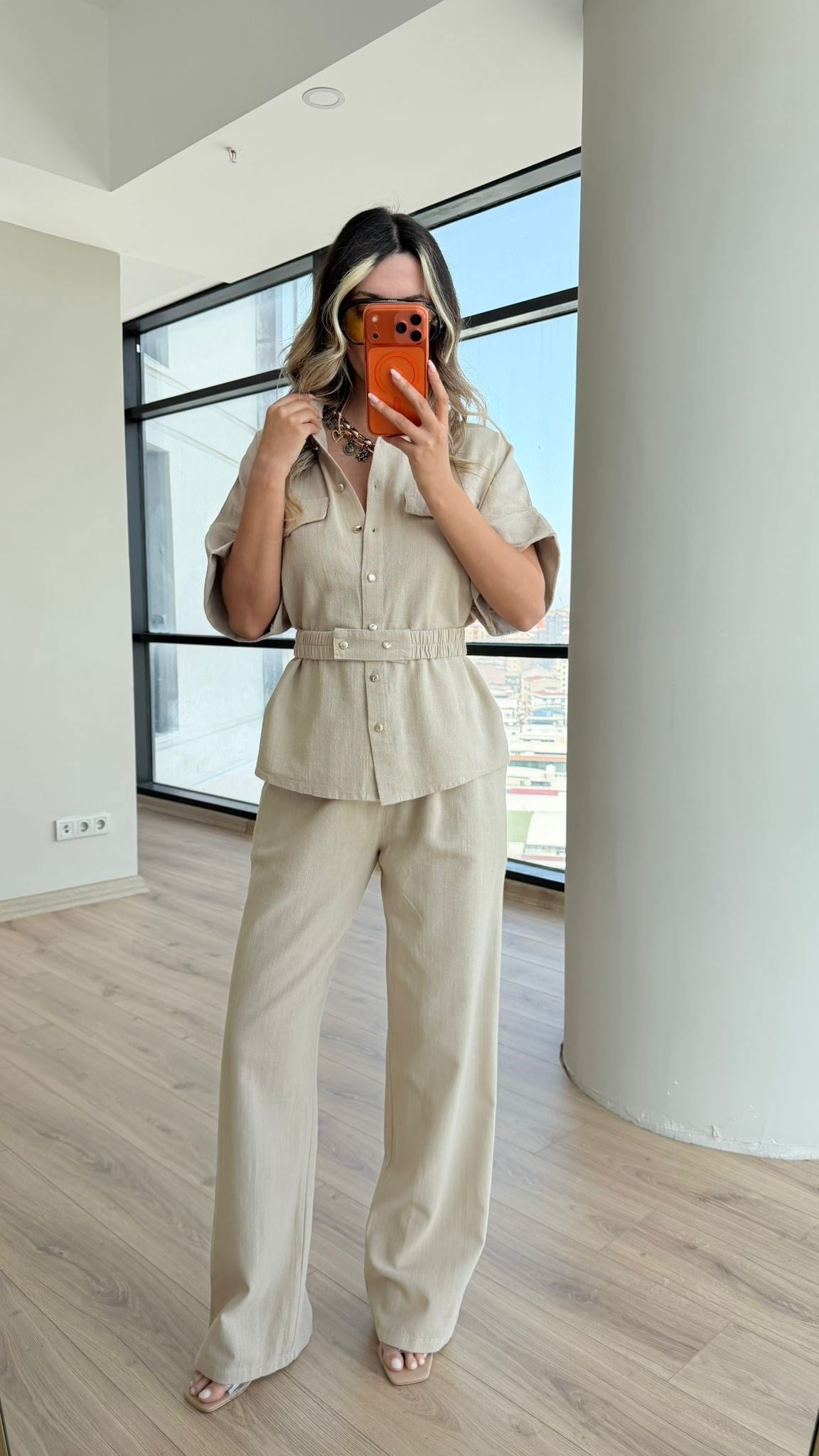 Orijinal Marka Bel Kuşaklı Safari Takım Bej 