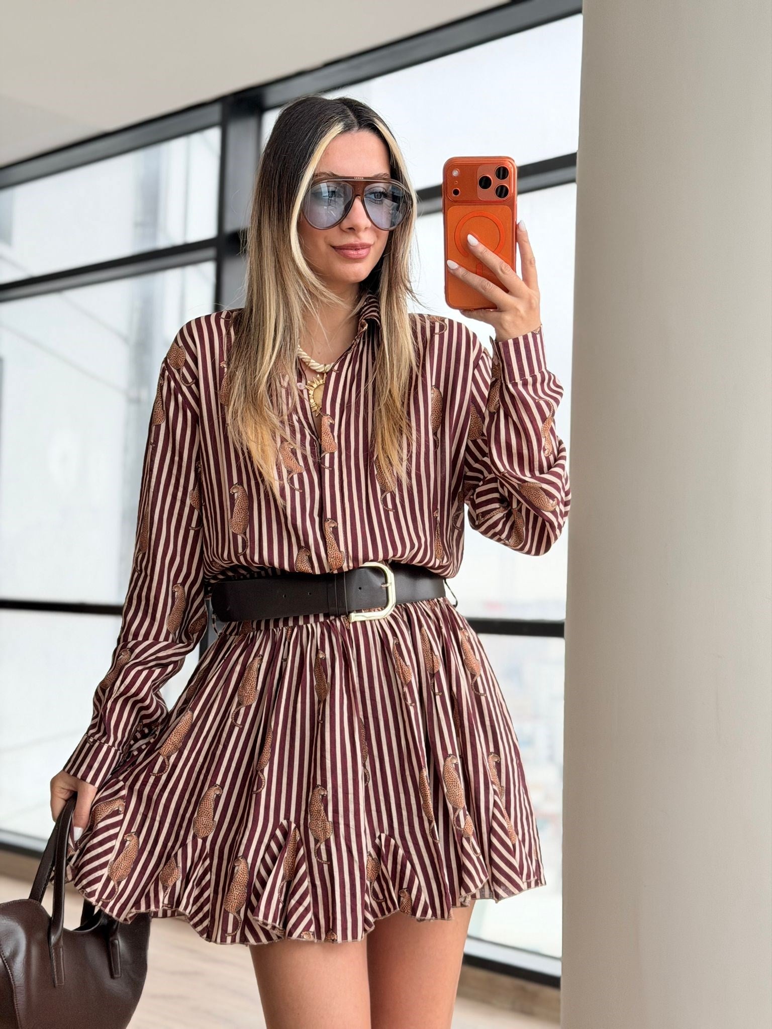 Pars Baskılı Kısa Renkli Kemerli Elbise