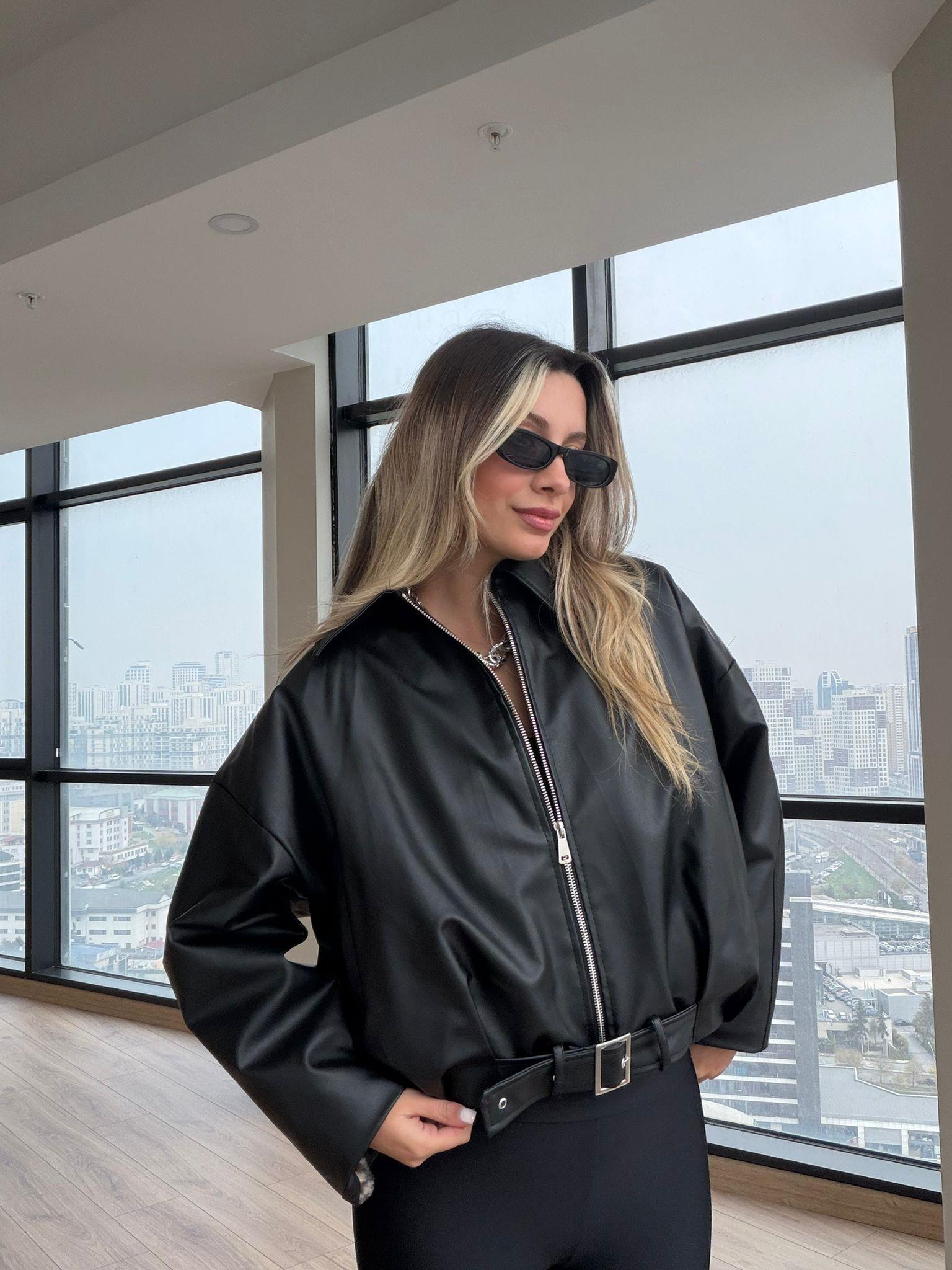 İçi Siyah Kürklü Spor Suni Deri Ceket Siyah