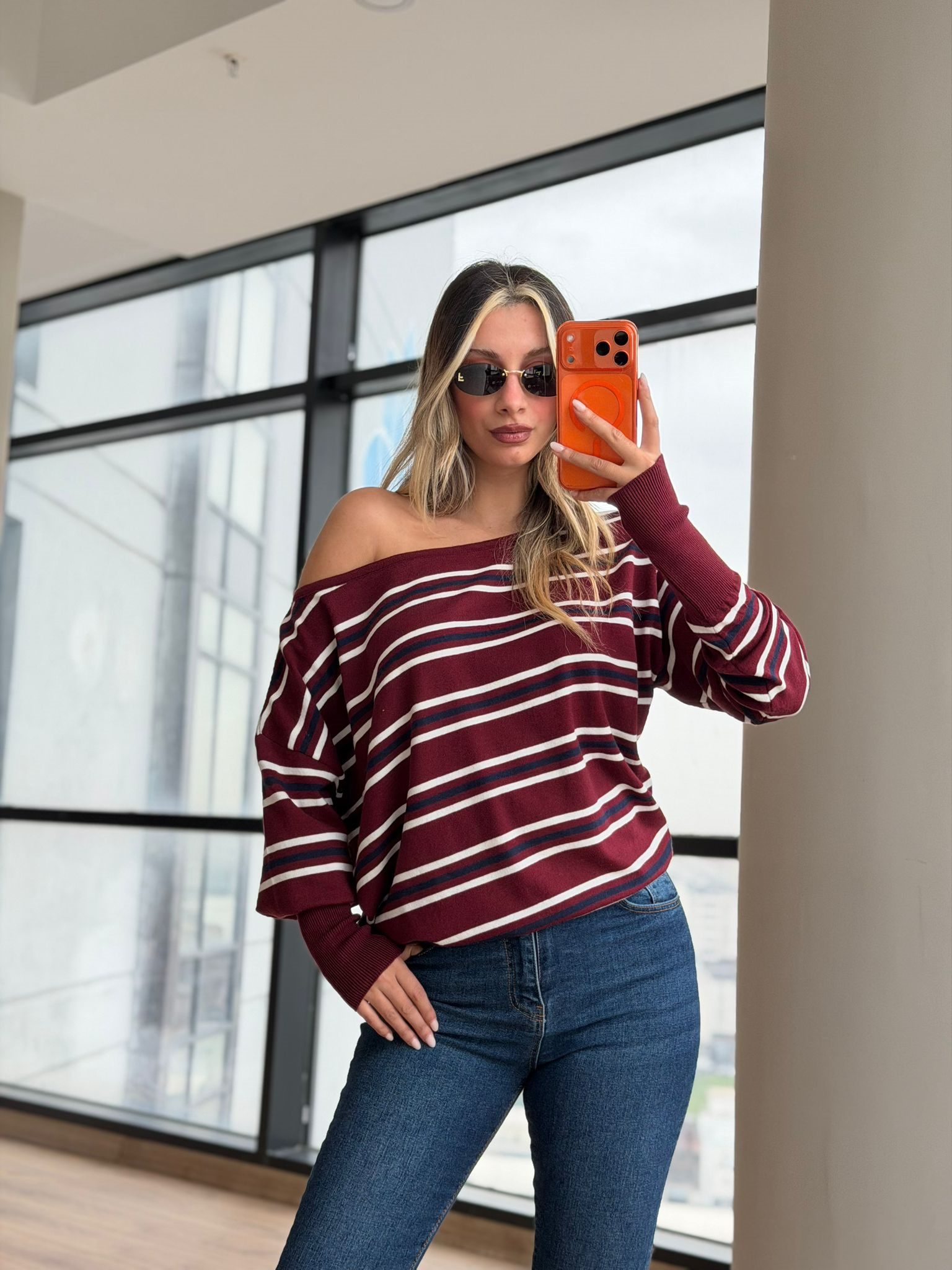 Kayık Yaka Çizgili Basic Triko Kazak Bordo