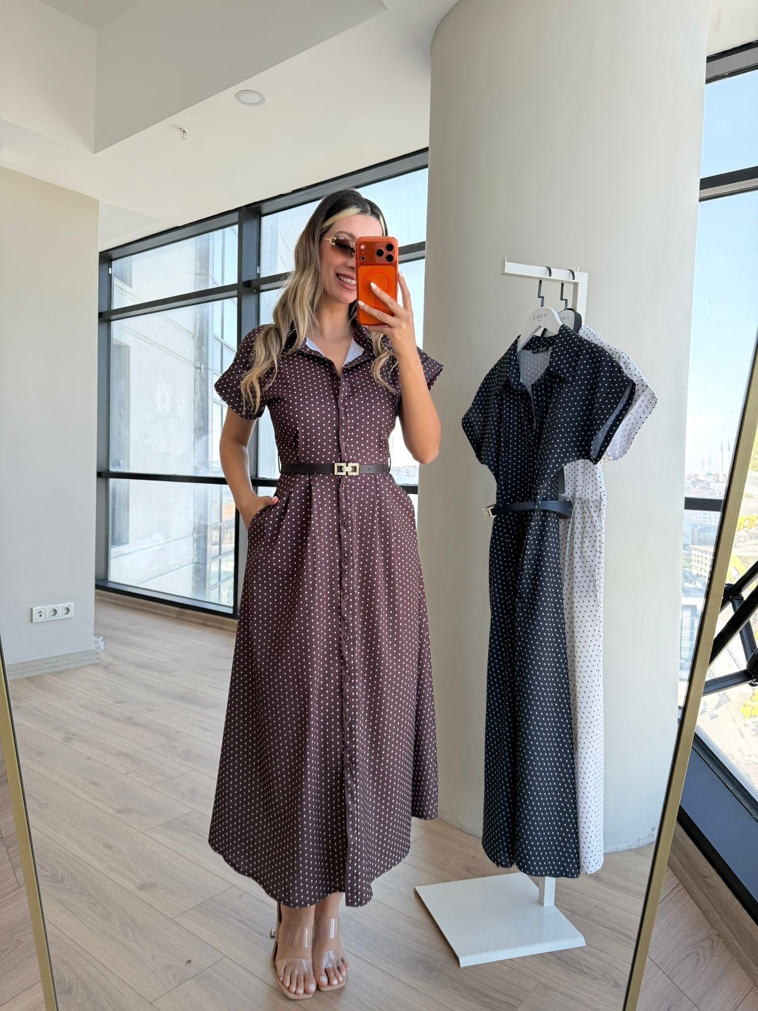 Jimena Puantiyeli Kemerli Gömlek Elbise Kahverengi