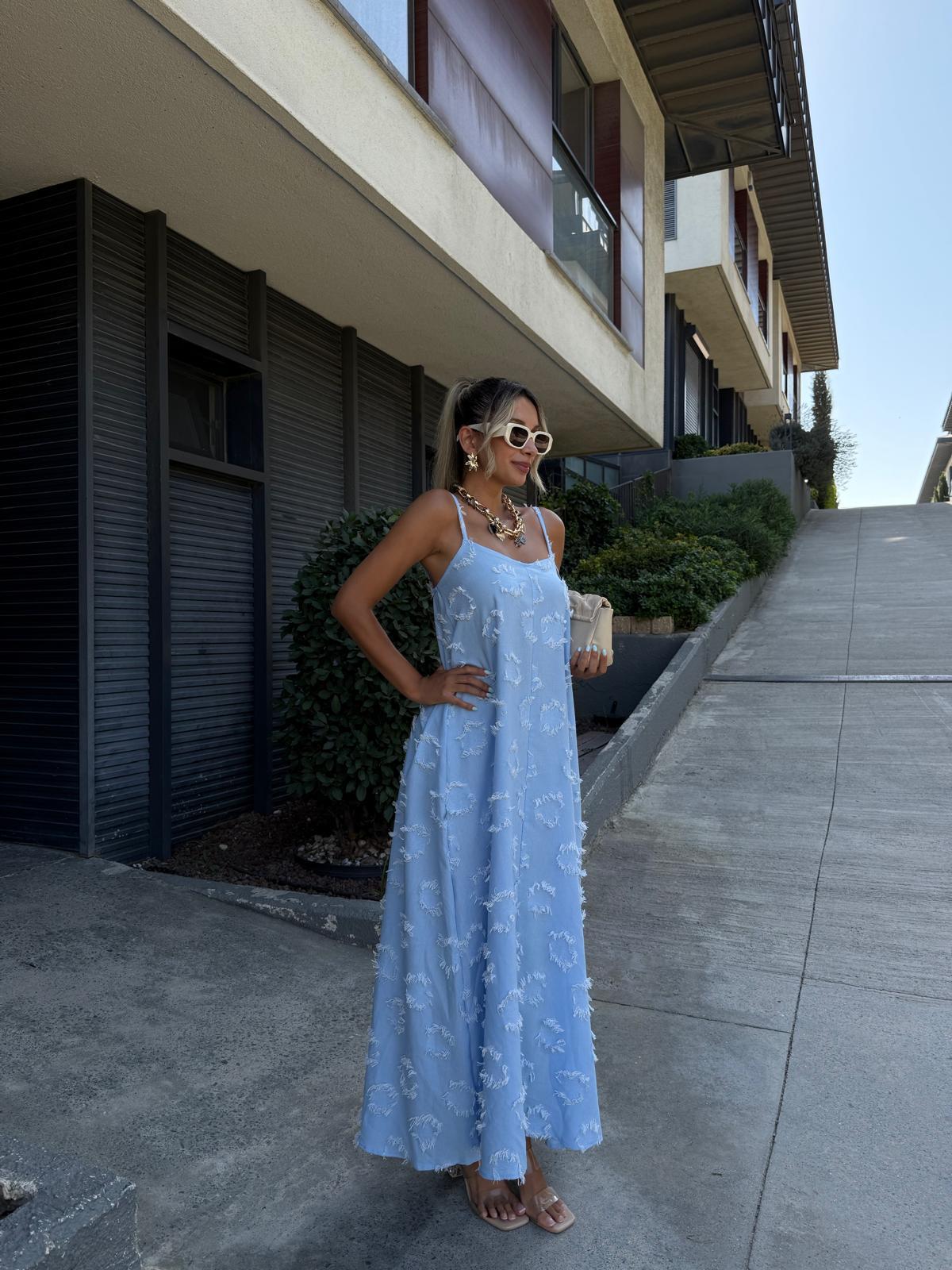 Kabartma Püskül Vual Askılı Elbise Mavi