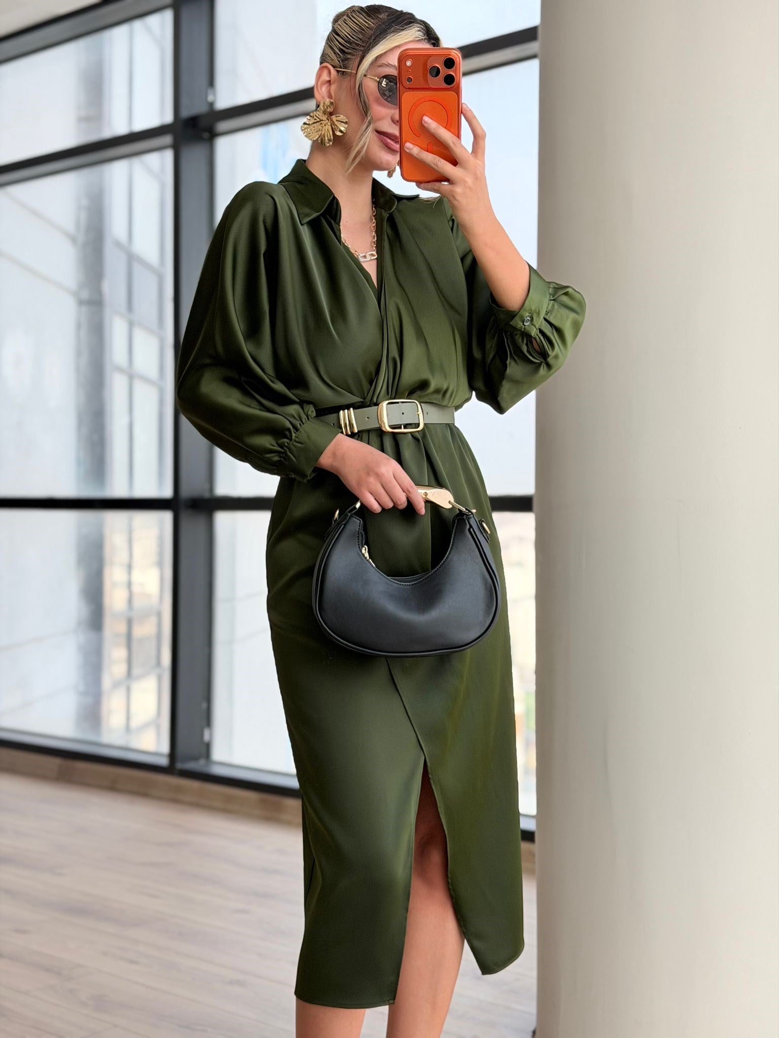 Laluna Kruvaze Kemerli Saten Elbise Çam Yeşili