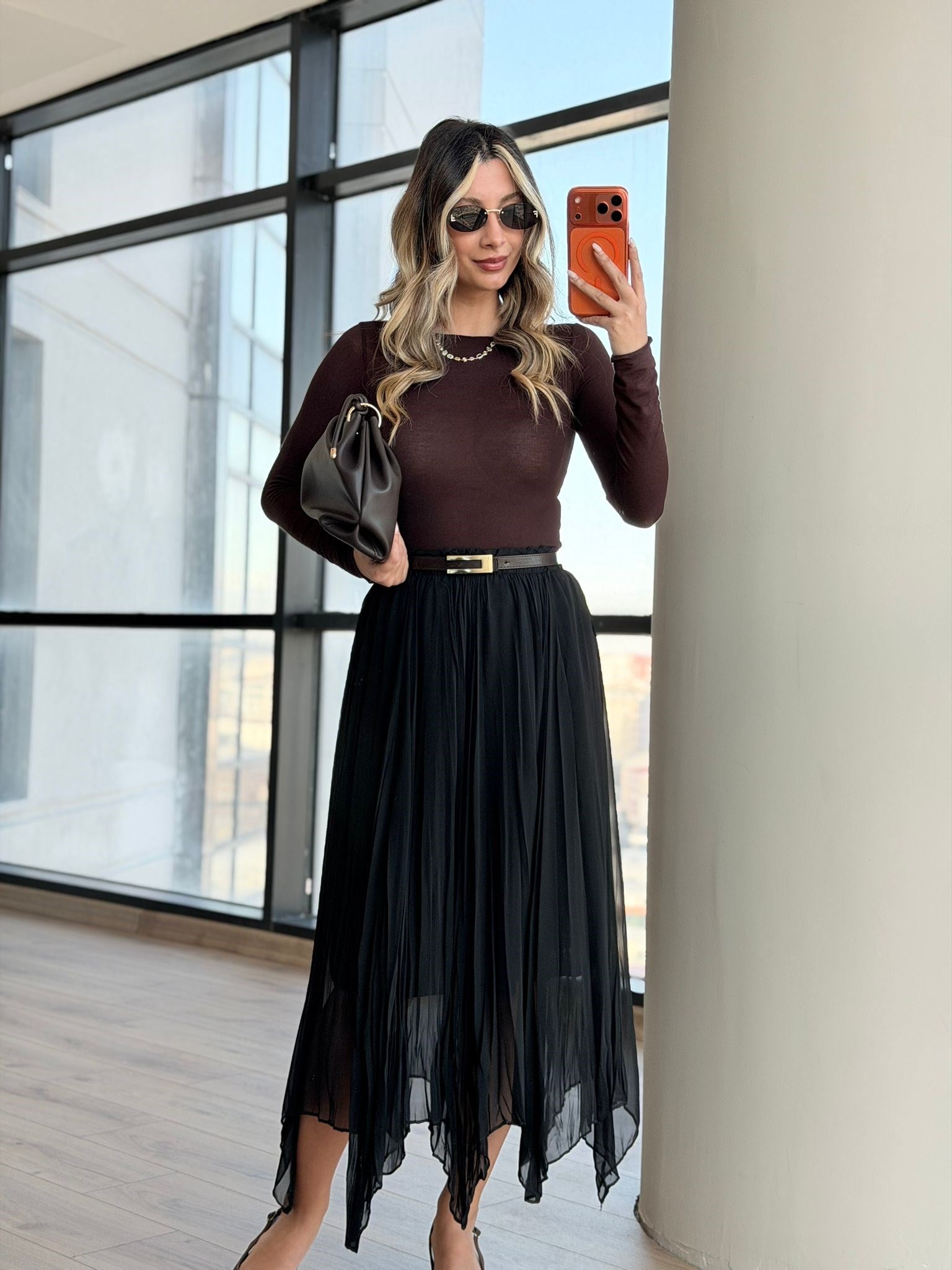 Siyah Şifon Pliseli Etek