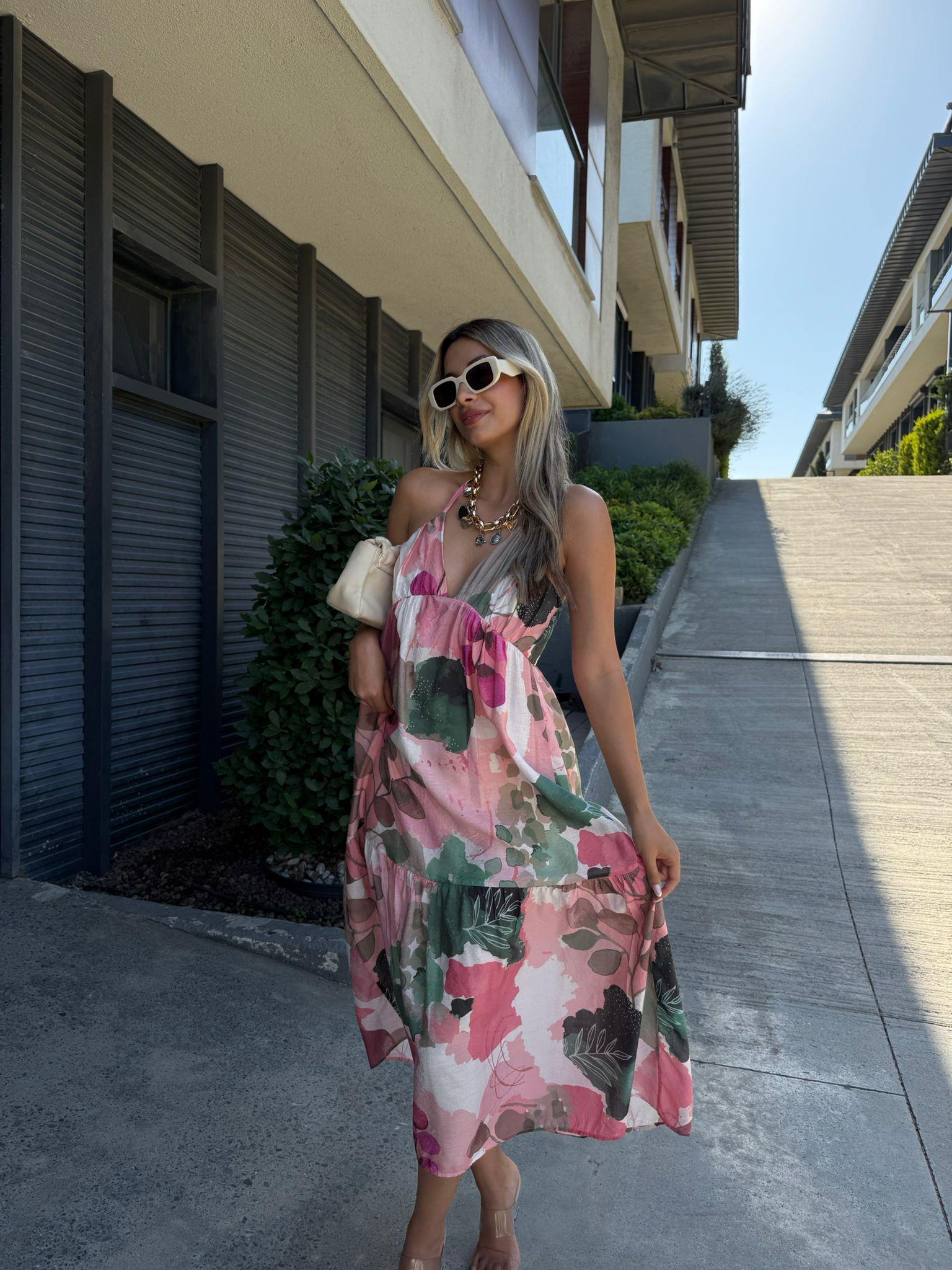 Fezya İp Askılı Salaş Desenli Elbise Pembeli 