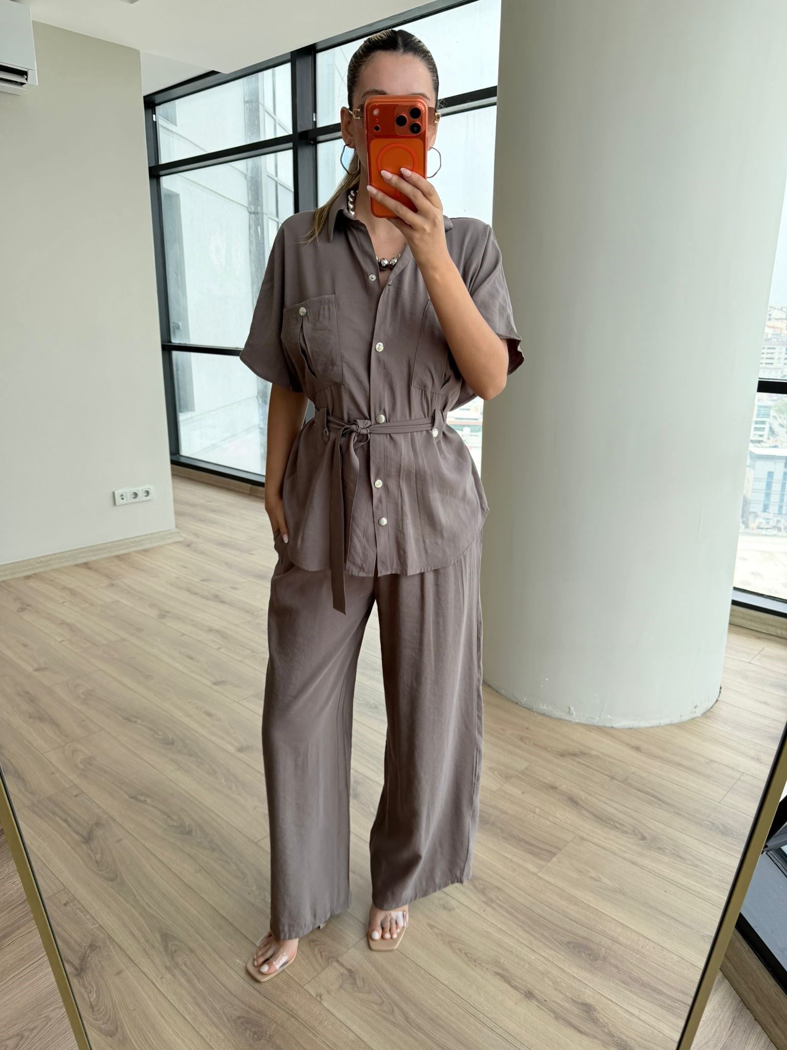 Bağlama Detaylı Gömlek Pantolon Takım Vizon