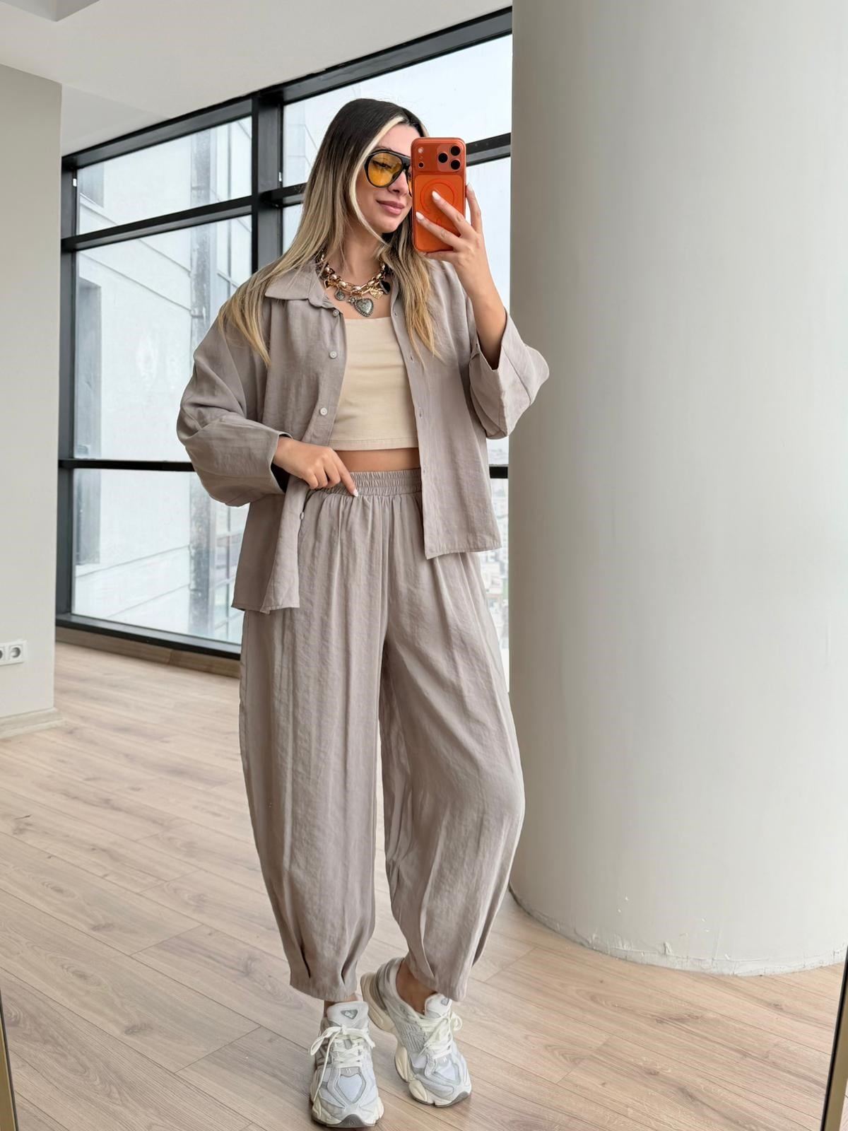 Premium Tensel Gömlek Pantolon Takım Bej