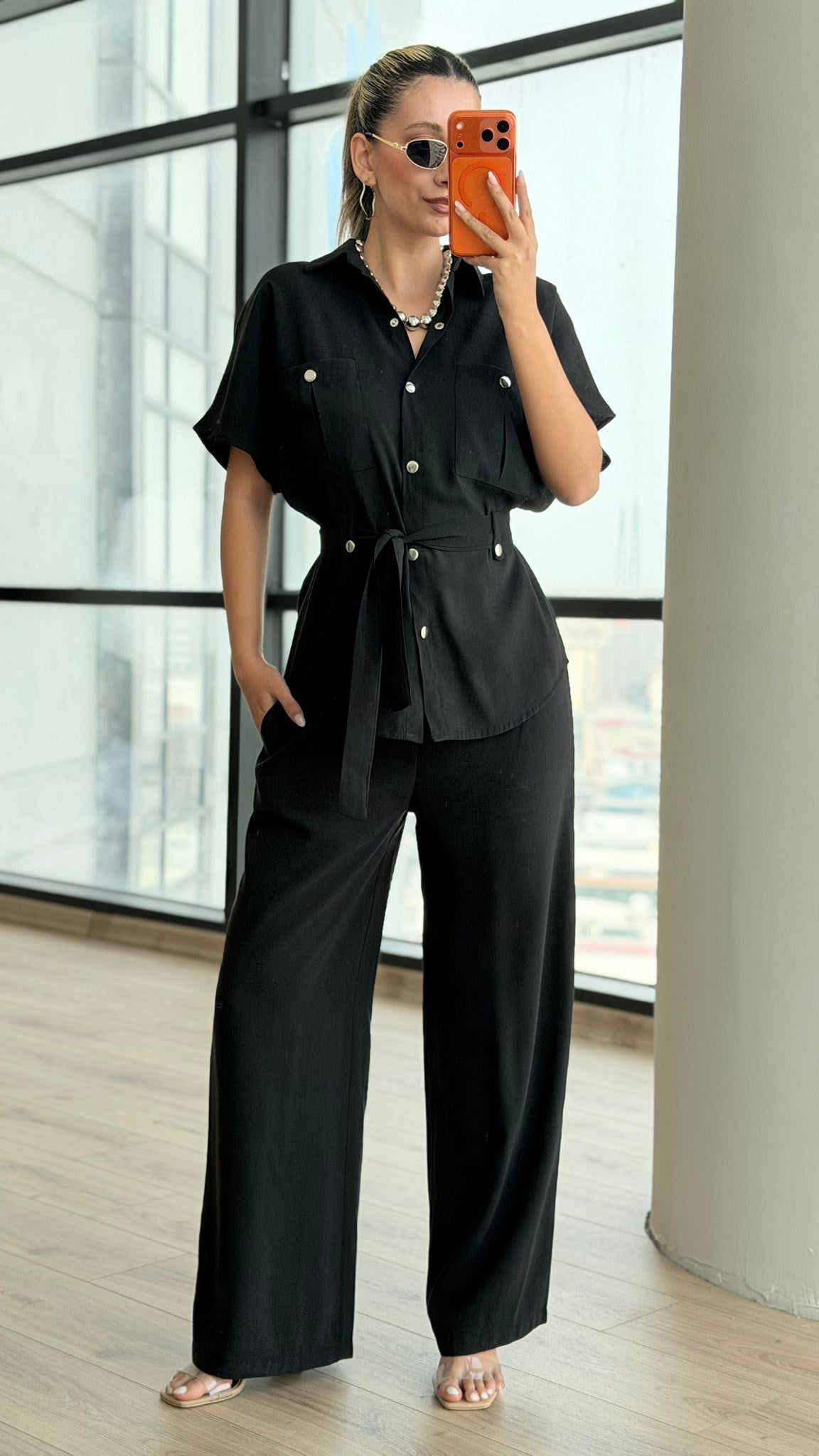 Bağlama Detaylı Gömlek Pantolon Takım Siyah