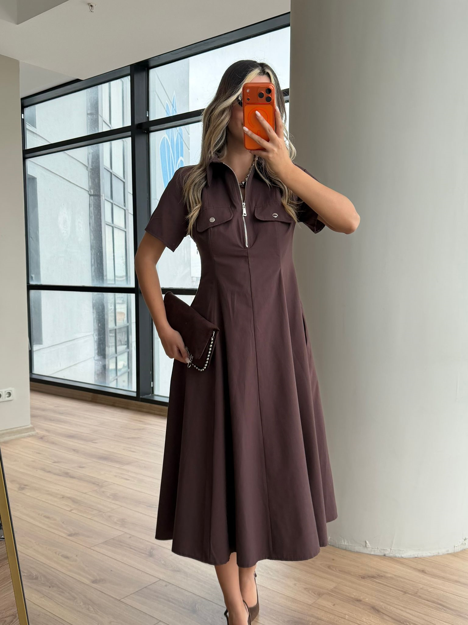 Kahve Poplin Cep Detaylı Elbise