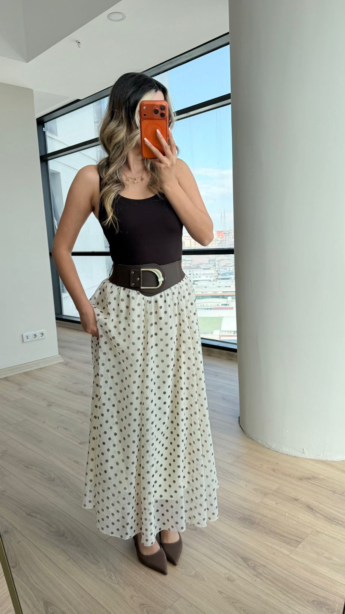 Puantiyeli Viral Kemerli Etek Beyaz