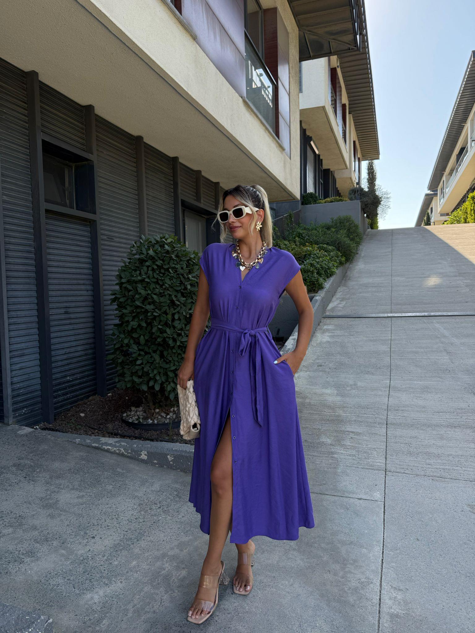 Sıfır Yaka Boydan Düğmeli Tensel Elbise Mor