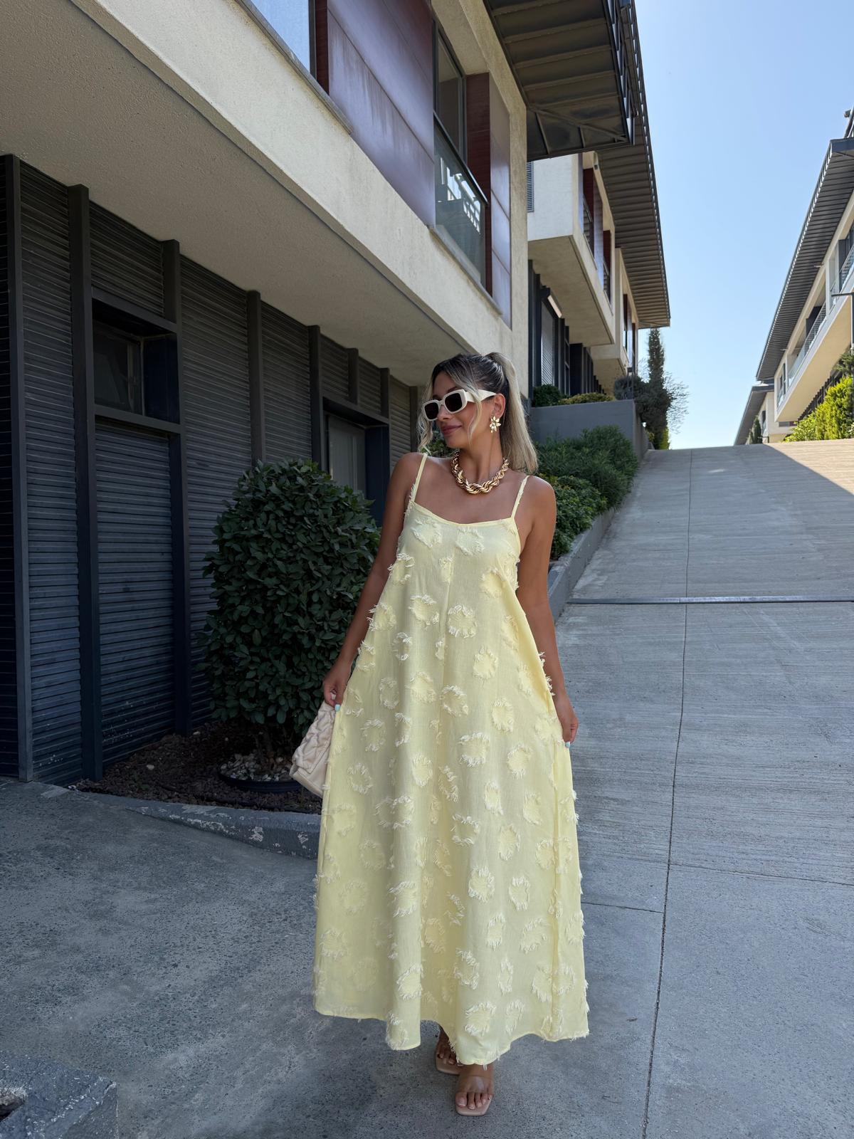 Kabartma Püskül Vual Askılı Elbise Sarı